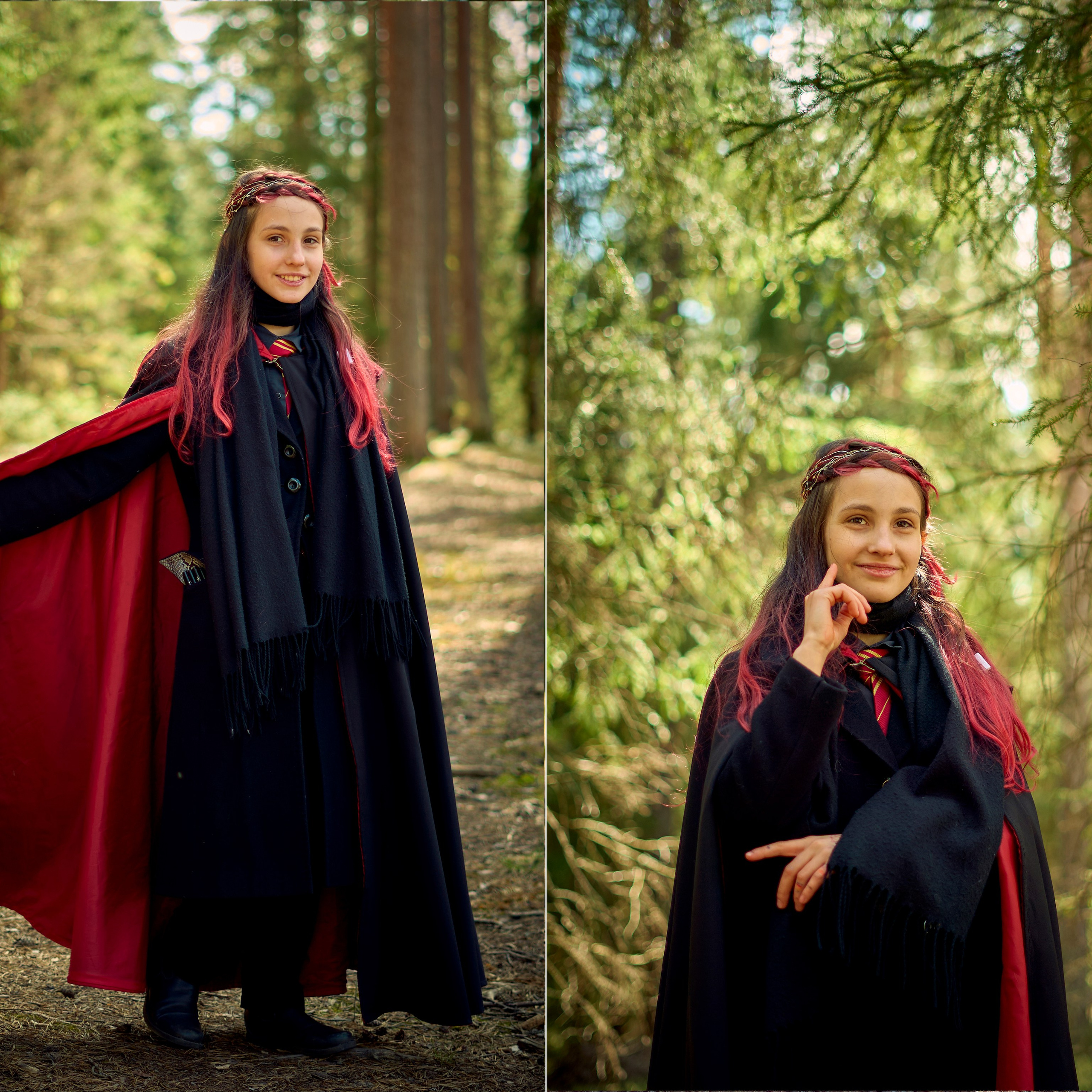 Девочка в мантии позирует в лесу
