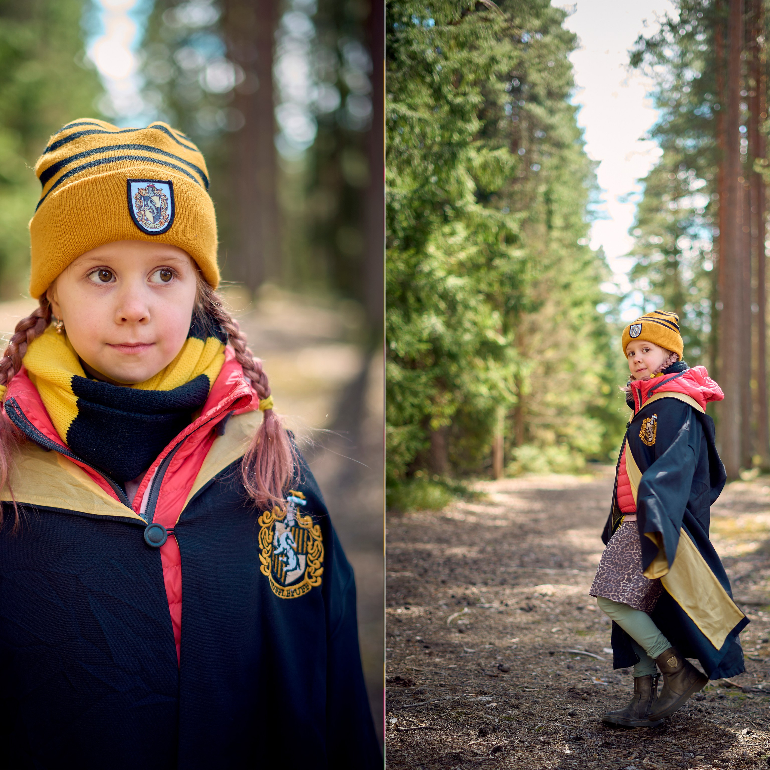 Портрет девочки, улыбается и позирует, естественный свет, мантия из Хогвартса