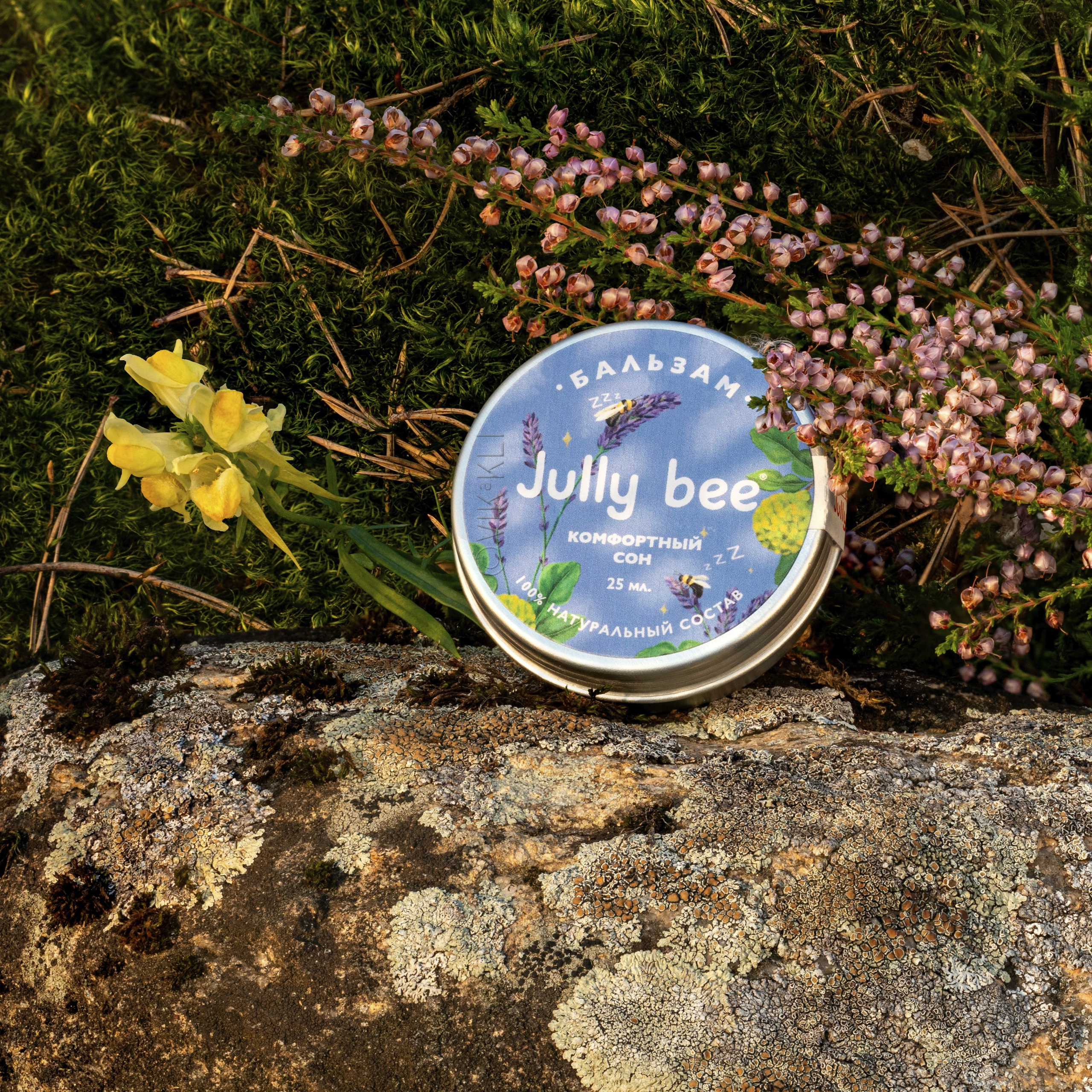 Бальзам Jully bee на камне на фоне мха и вереска, Имиджевое фото.