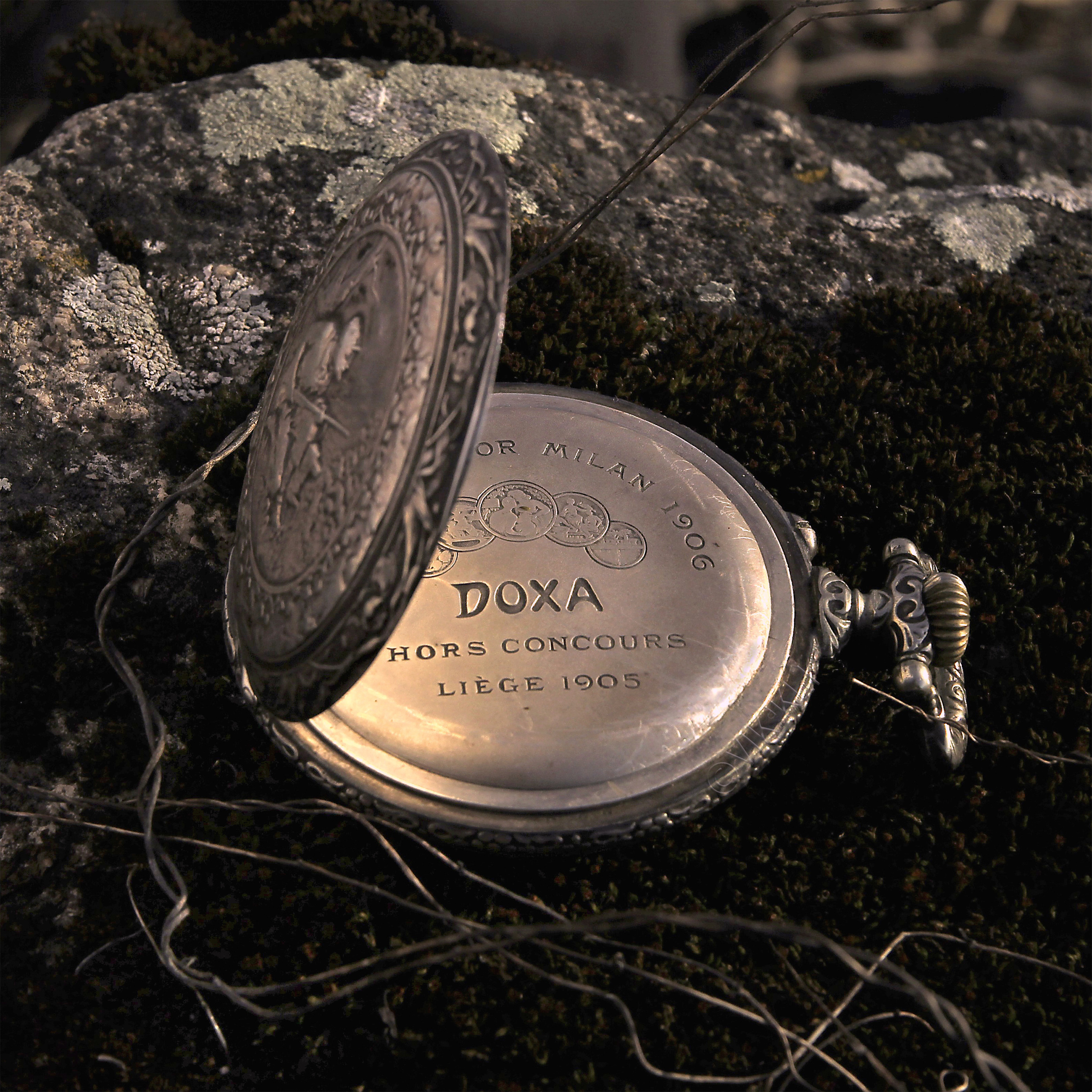 Антикварные часы DOXA Anti-Magnetique на замшелом камне. Имиджевое фото.