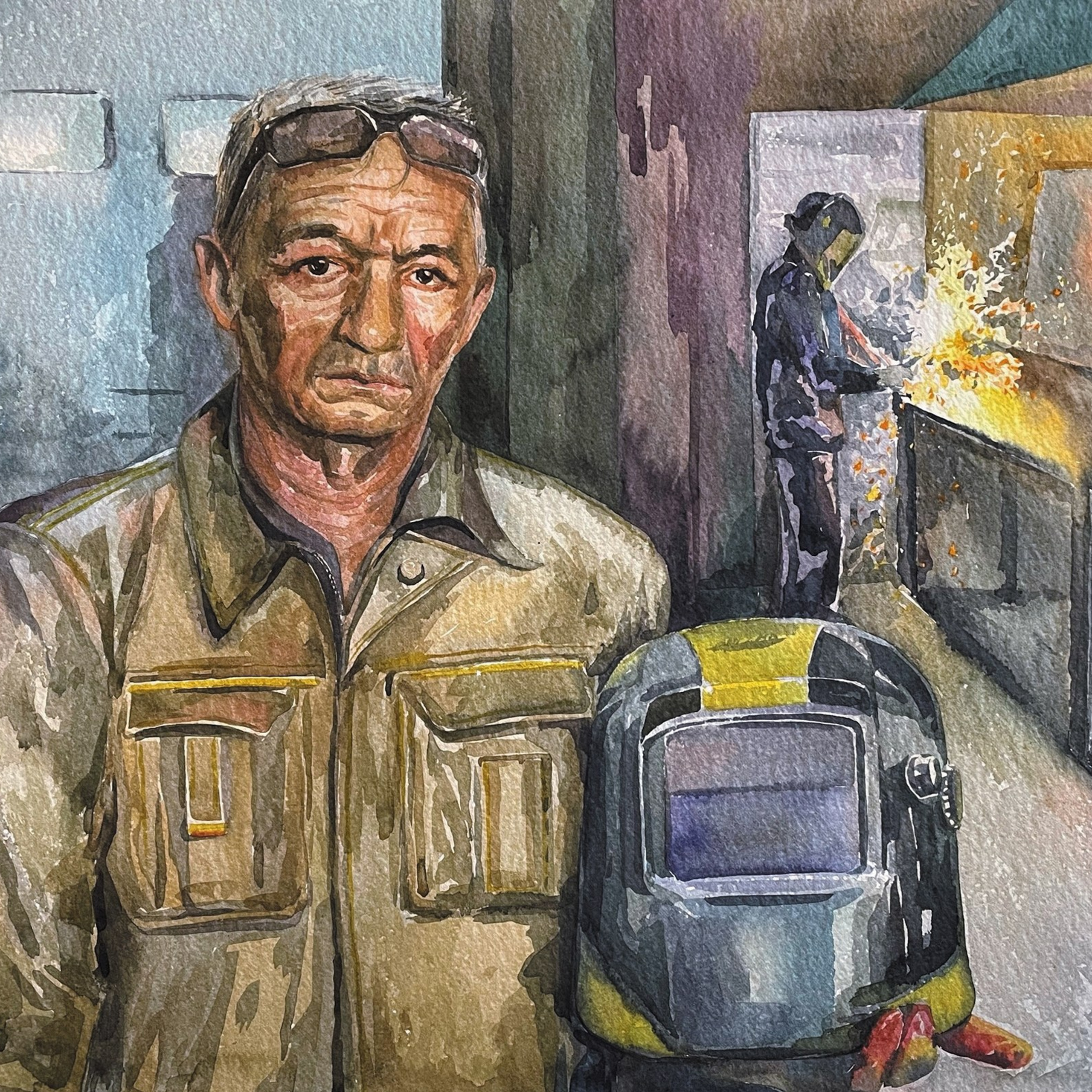 «Мансур Ахмедов, сварщик». Акварель, 56х87 см., 2024