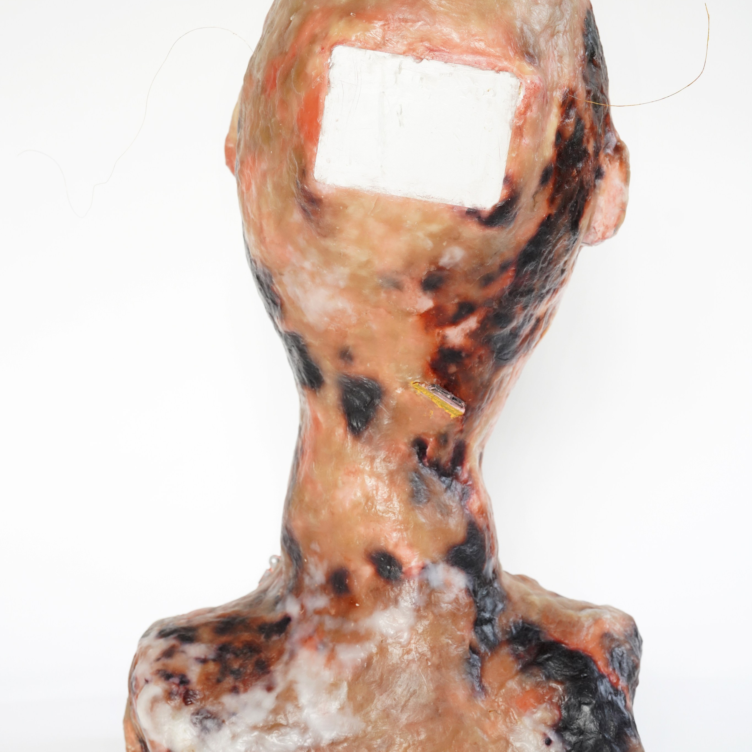 Нейропат. 2022.  Скульптура. Пчелиный воск, детали компьютера, проволока, хлопковая нить, сталь, монтажная пена, дерево. 60смх35см