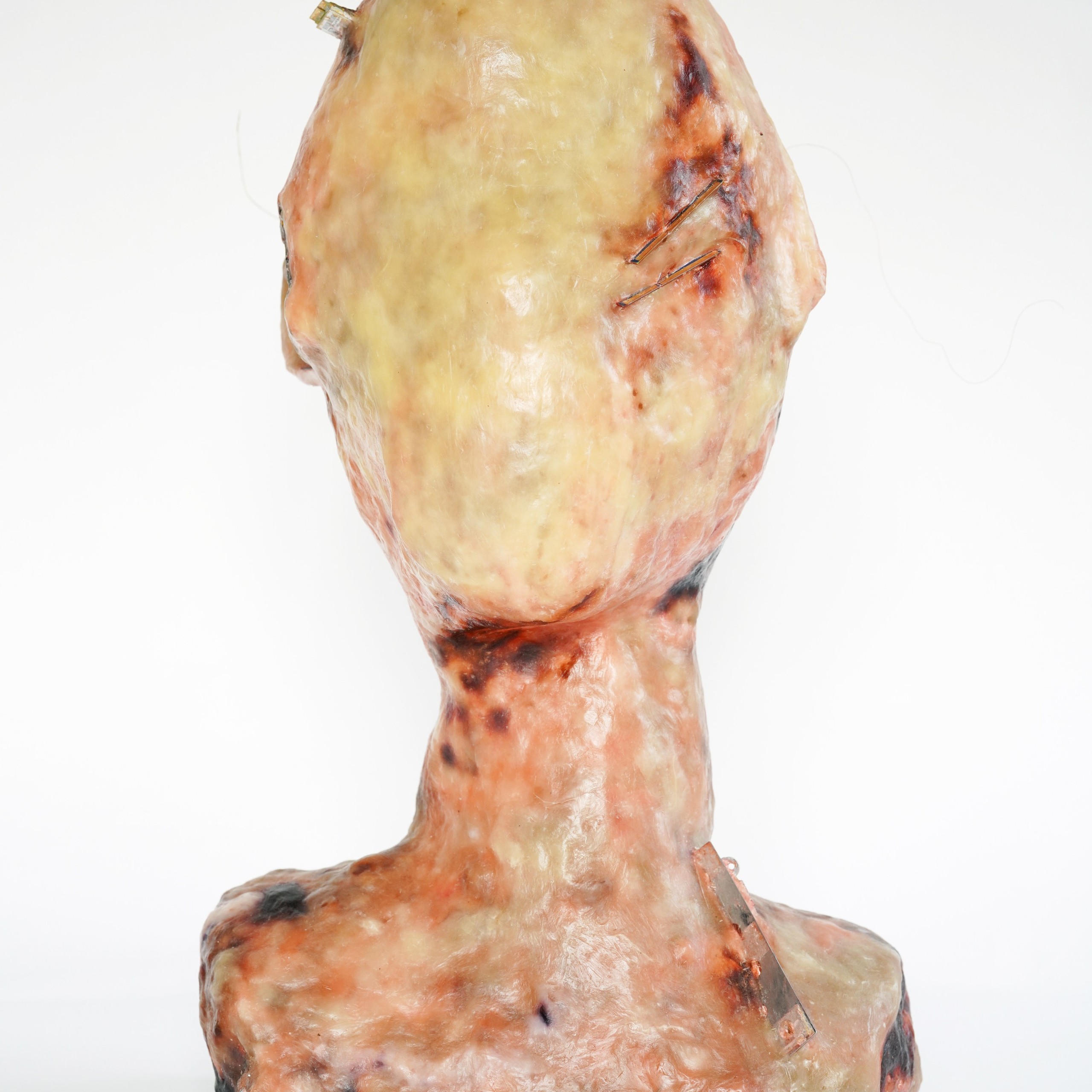 Нейропат. 2022.  Скульптура. Пчелиный воск, детали компьютера, проволока, хлопковая нить, сталь, монтажная пена, дерево. 60смх35см