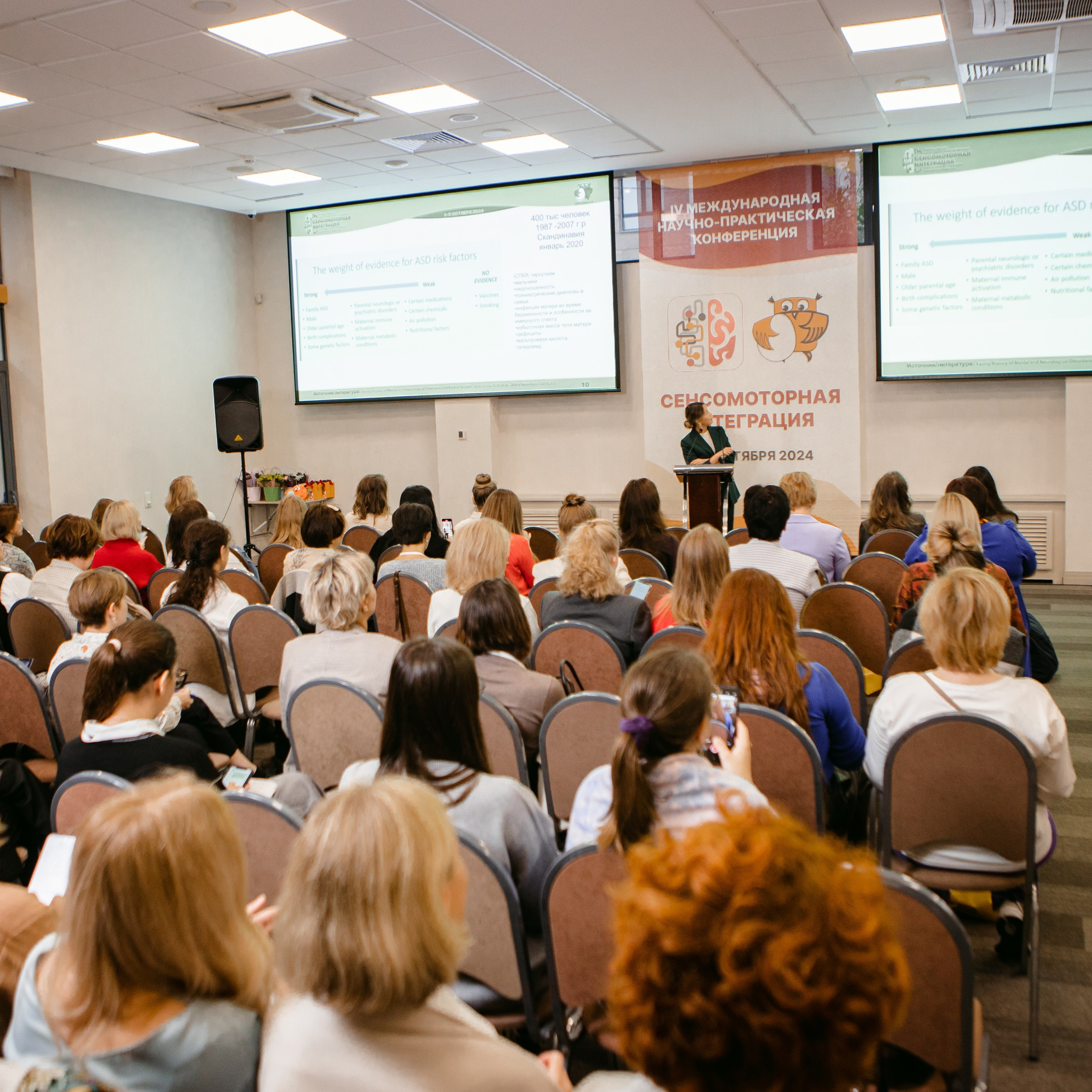Фото с конференции по сенсомоторной интеграции. Организатор "Сова нянька". На фото зрительный зал. идет лекция. Вдалеке видно спикера.