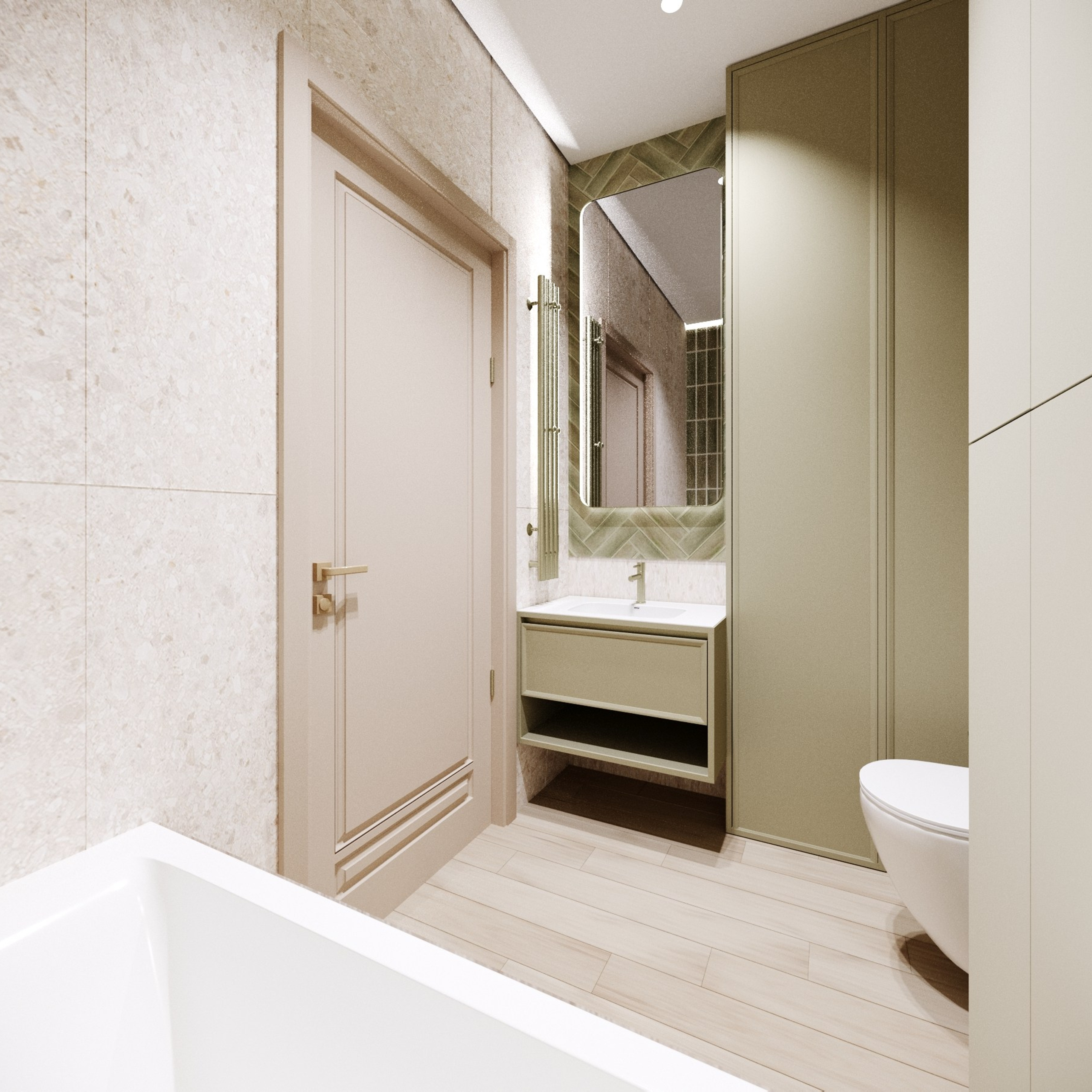 ванная комната в пастельных тонах с акцентным зеленым