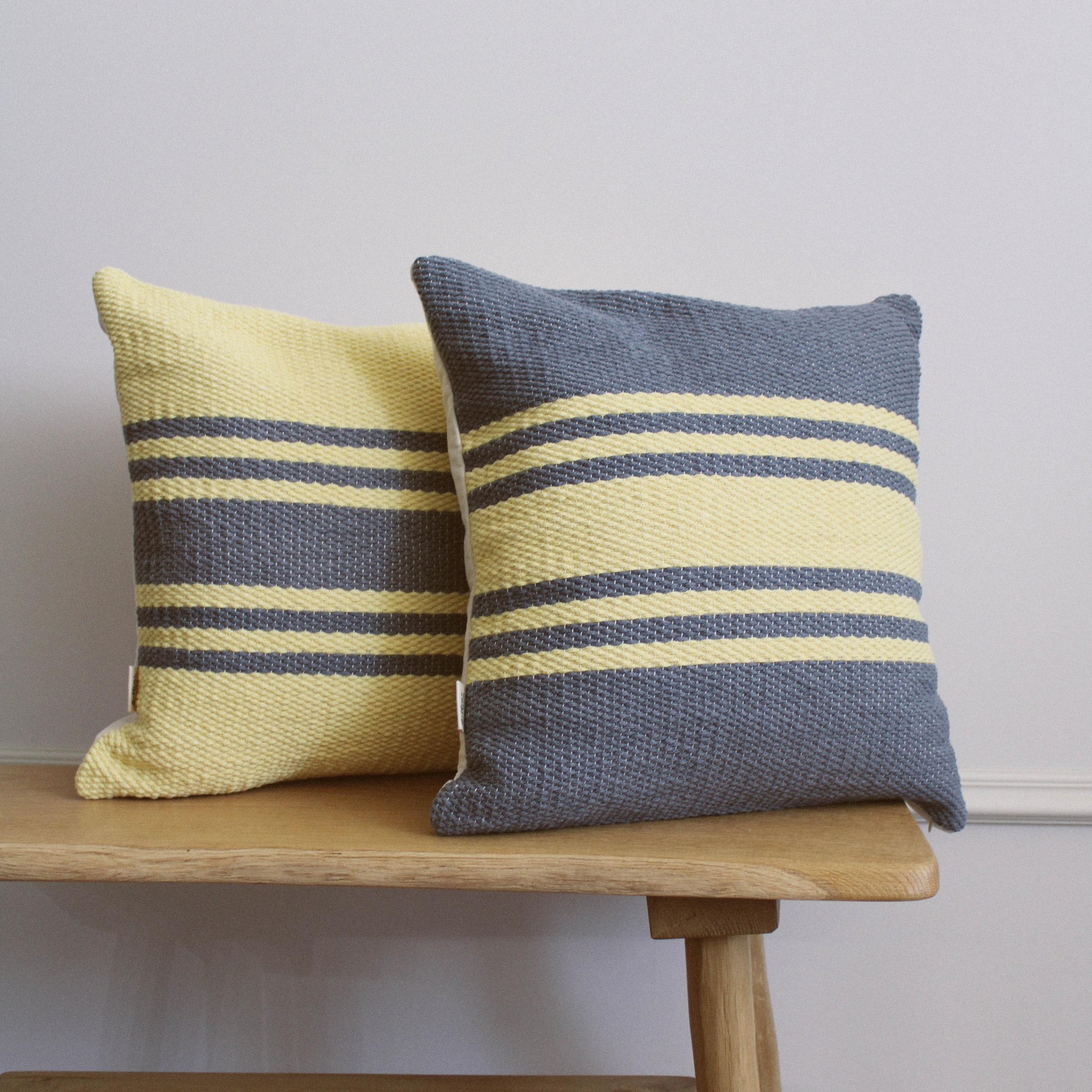 Подушка «Желтая в серую полоску». Авторские тканые полотна из натуральных материалов