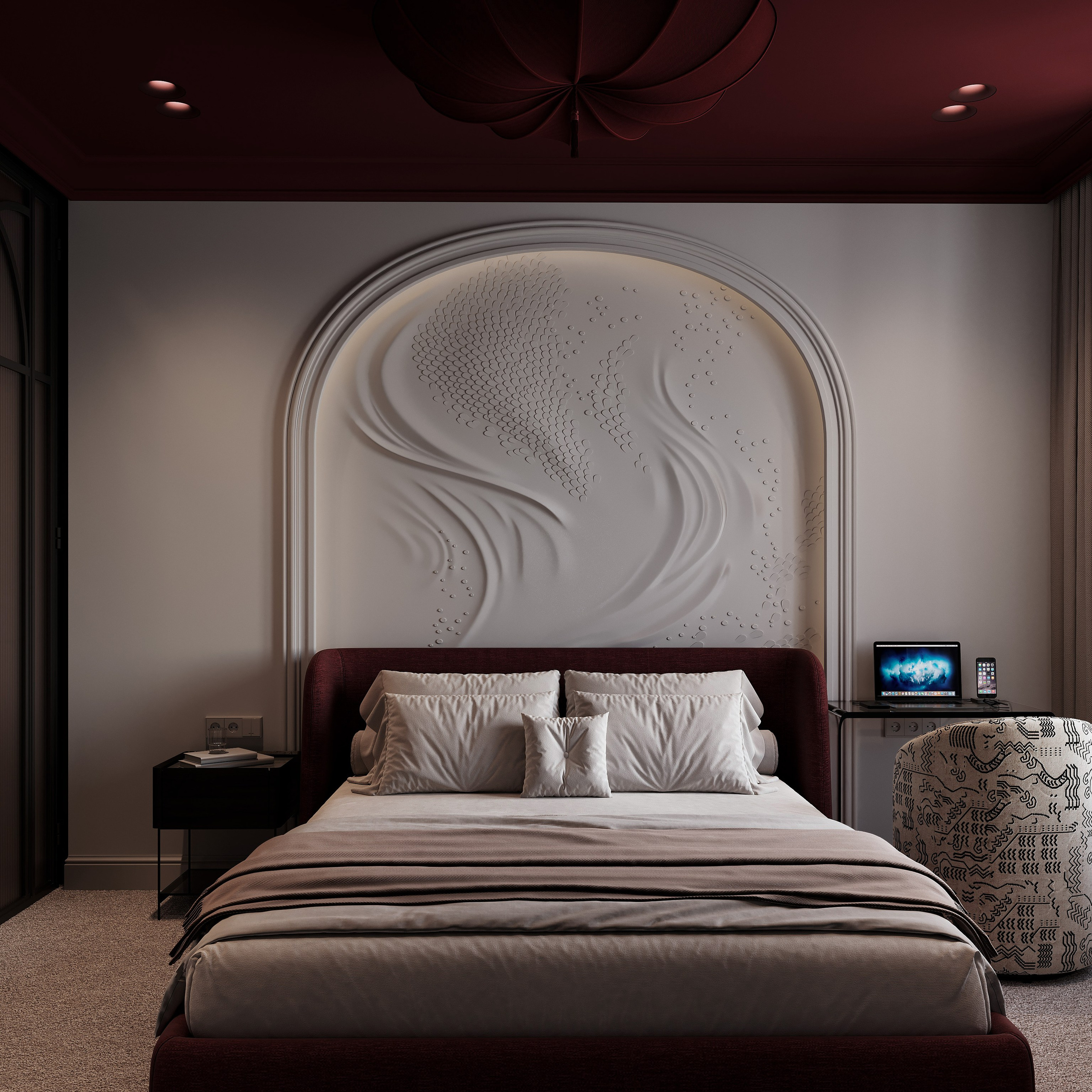 Спальня с бордовым потолком