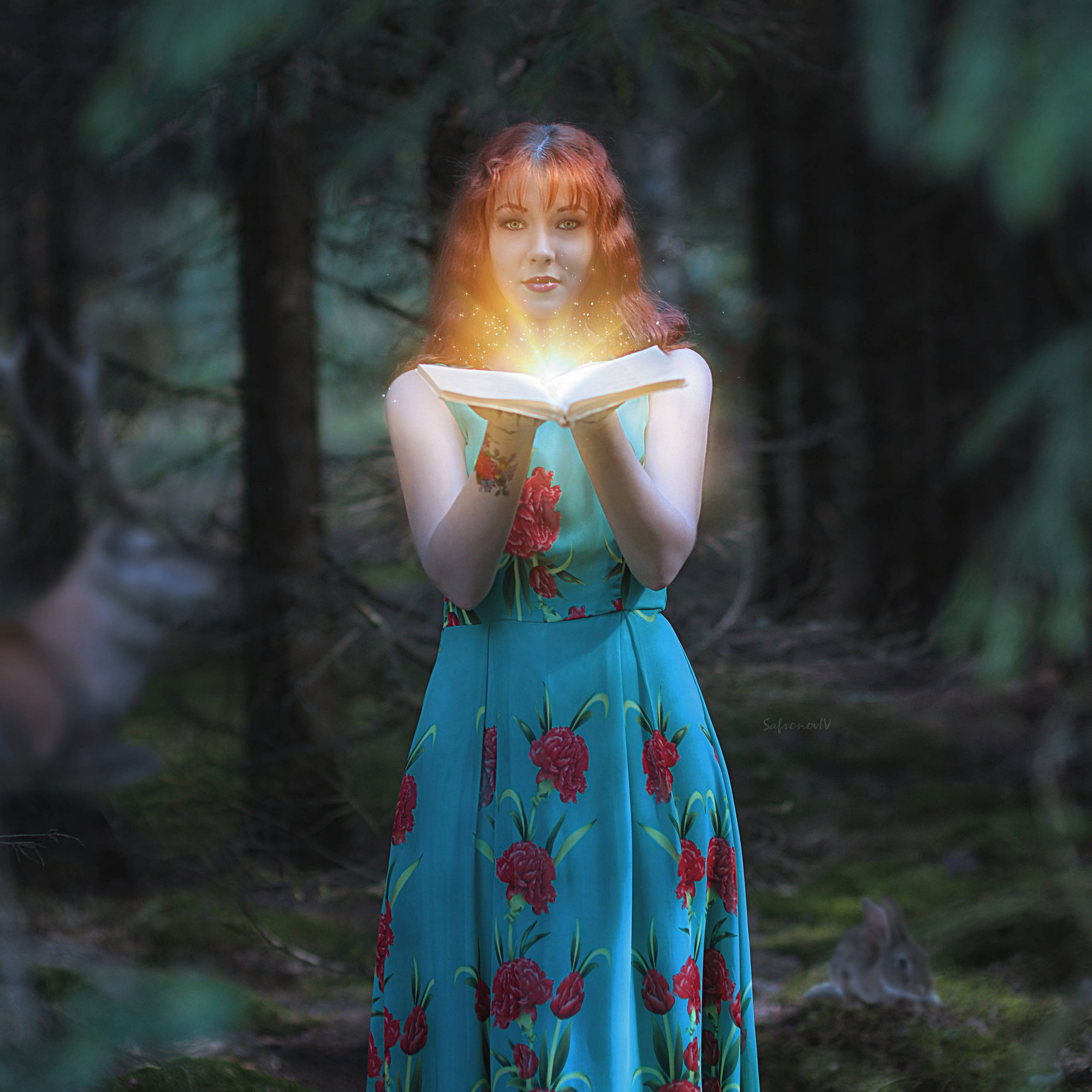 Девушка в ночном лесу с животными