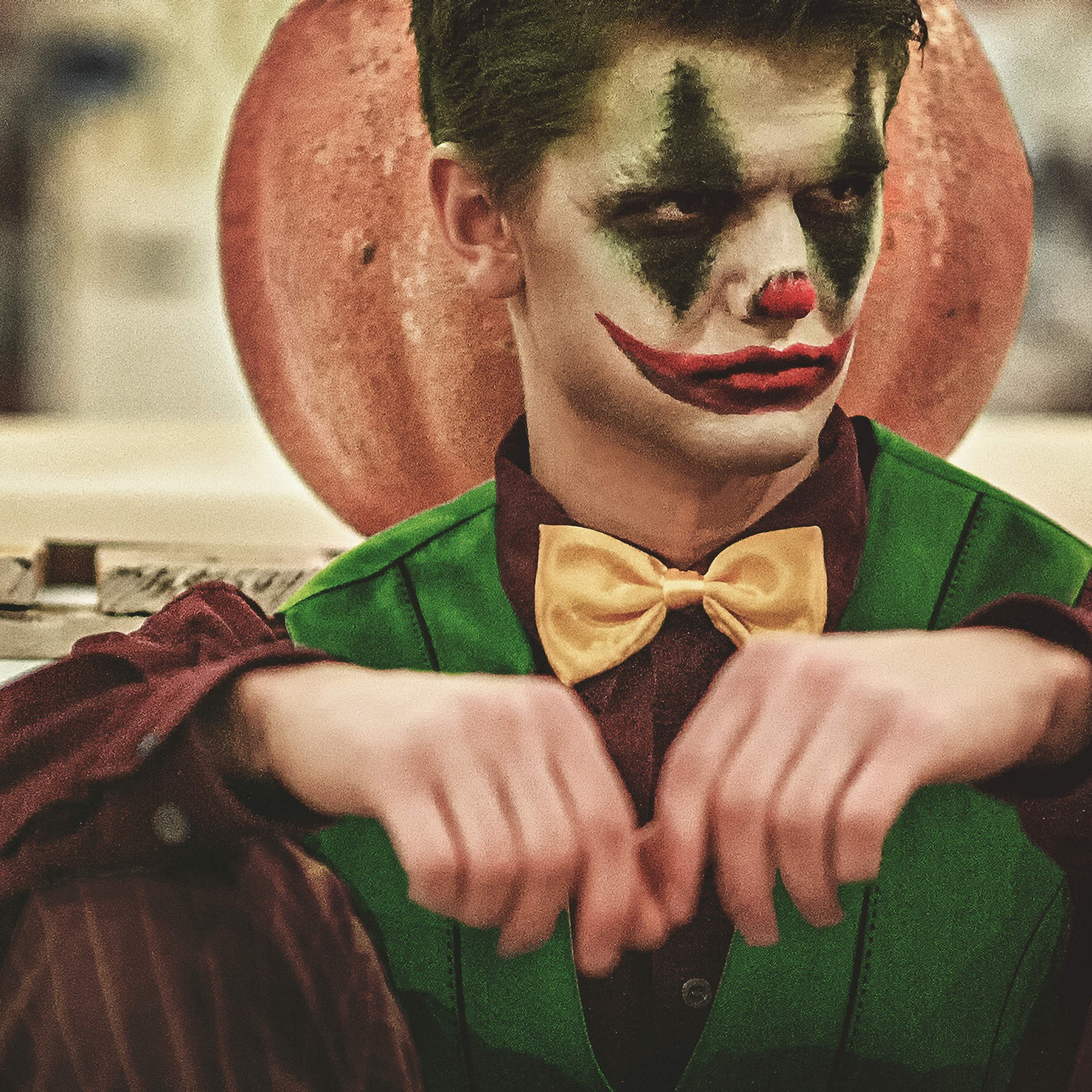 молодой человек в образе Джокера — культового персонажа из комиксов и фильмов. Его лицо покрыто выразительным гримом: белая основа, тёмные акценты вокруг глаз и ярко-красные линии, имитирующие зловещую улыбку. Нос выделен красным клоунским элементом. Модель одета в бордовый костюм в полоску, поверх которого надет зелёный жилет. Жёлтая бабочка добавляет контраста и завершает образ.Модель сидит, опершись руками о колени, в расслабленной, но выразительной позе. Фон фотографии — индустриальный, с размытыми деталями: деревянные ящики и крупный круглый объект (возможно, реквизит) позади модели. Атмосфера кадра сочетает драматизм и театральность, подчёркивая характер персонажа. В левом нижнем углу видна подпись фотографа — «SafronovIV».Заголовок«Джокер в индустриальном антураже: игра с образом»Ключевые слова: портрет, Джокер, грим, клоунский образ, индустриальный фон, фотосессия, портретный фотограф, фотограф Сафронов Иван, Москва, театральный образ, контраст, эмоции, стиль.