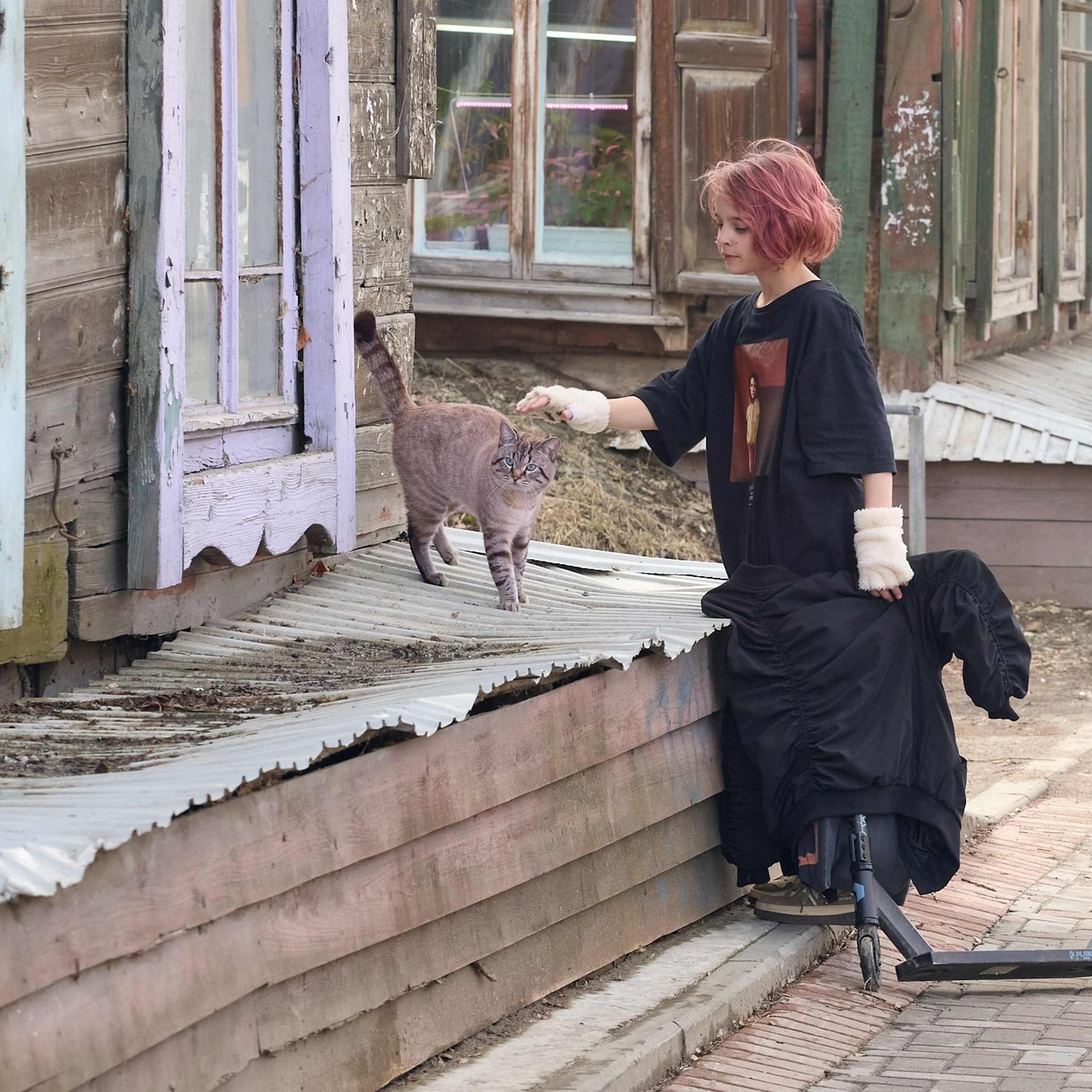 Девочка на самокате гладит уличного кота