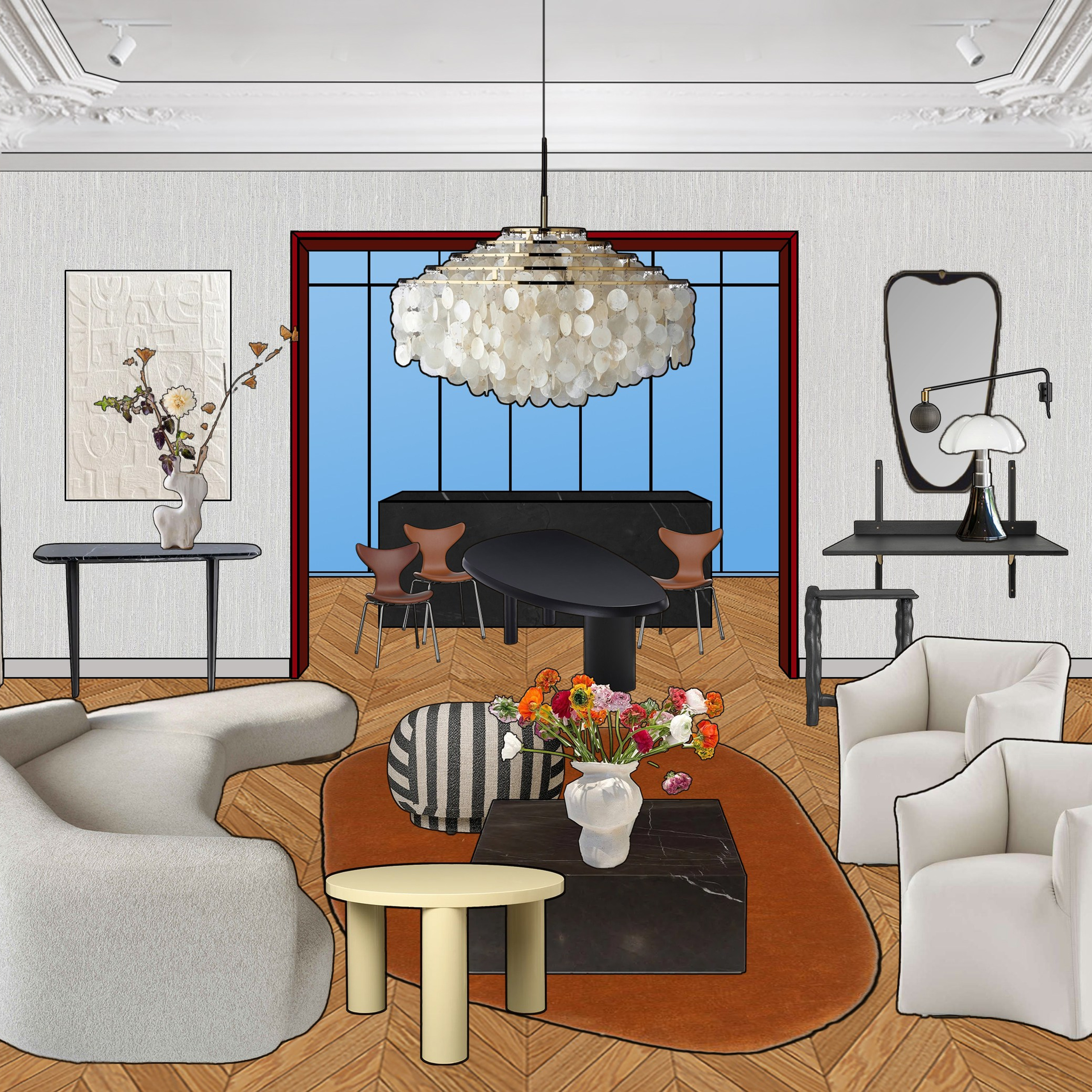 Декорирование апартаментов с небесно-голубой кухней и яркими акцентами