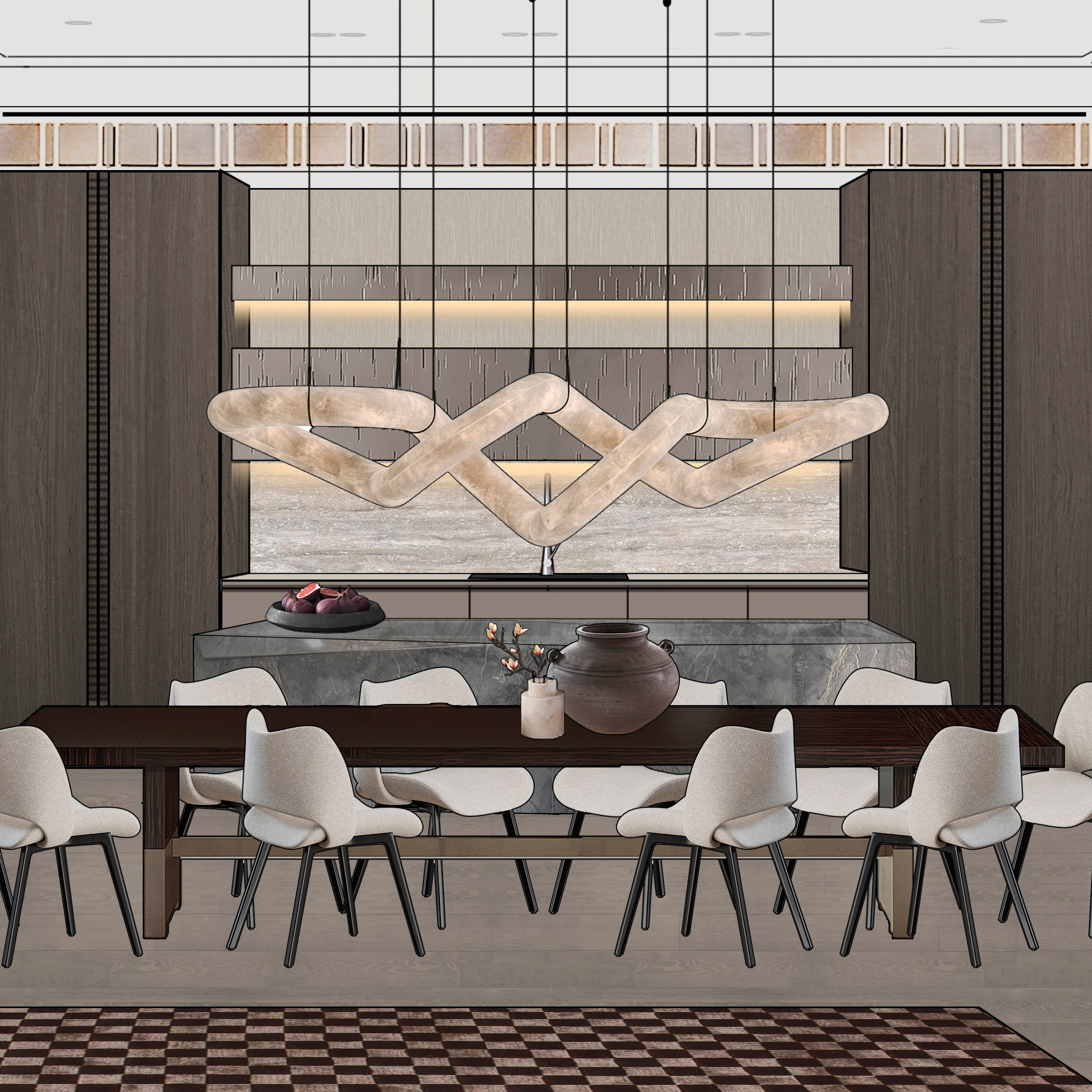 Концепция интерьера квартиры в 2х стилях (минимализм/сдержанная классика) 200 m²