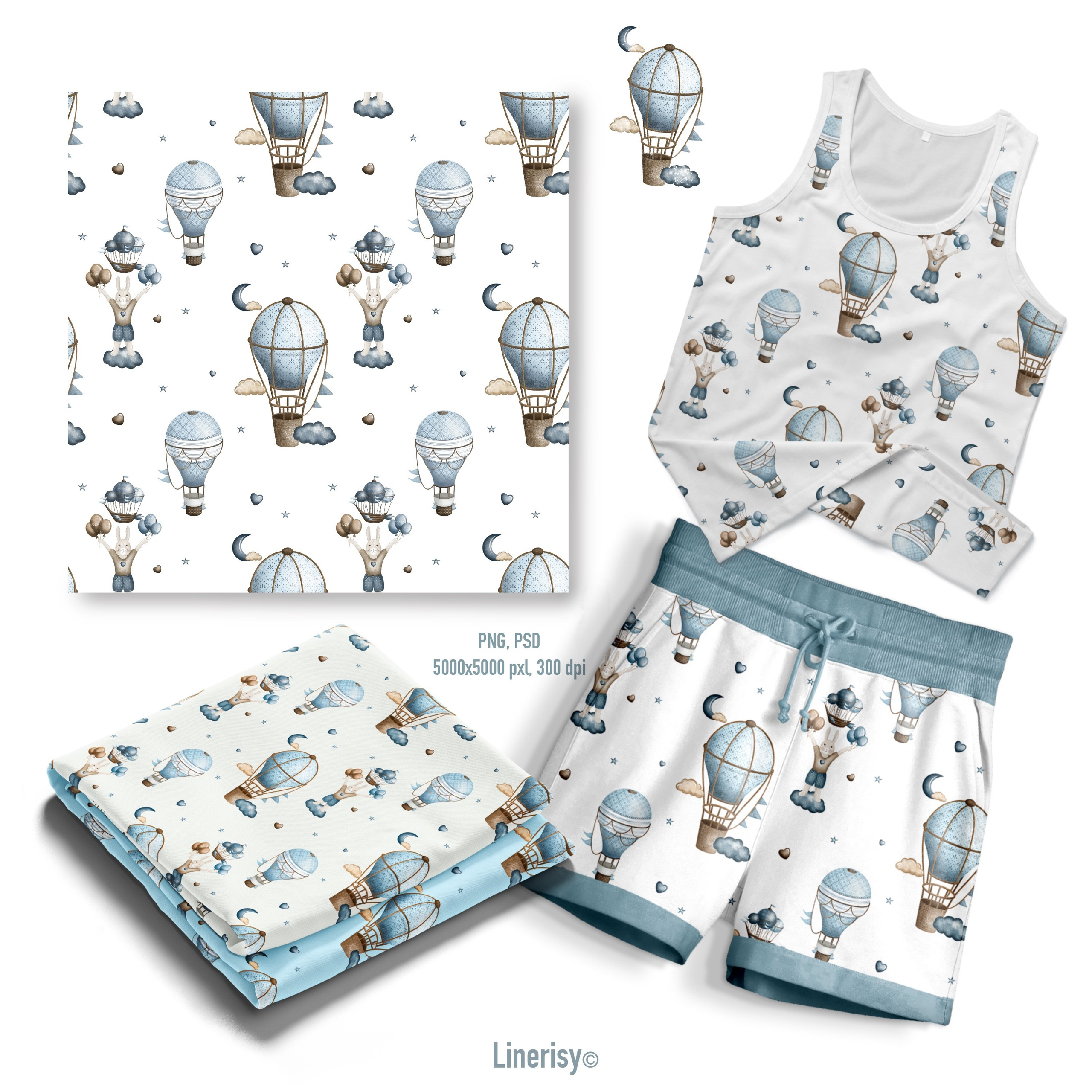 Набор паттернов № 3 «Зайка на воздушном шаре». Художник-иллюстратор Евгения Бекренёва