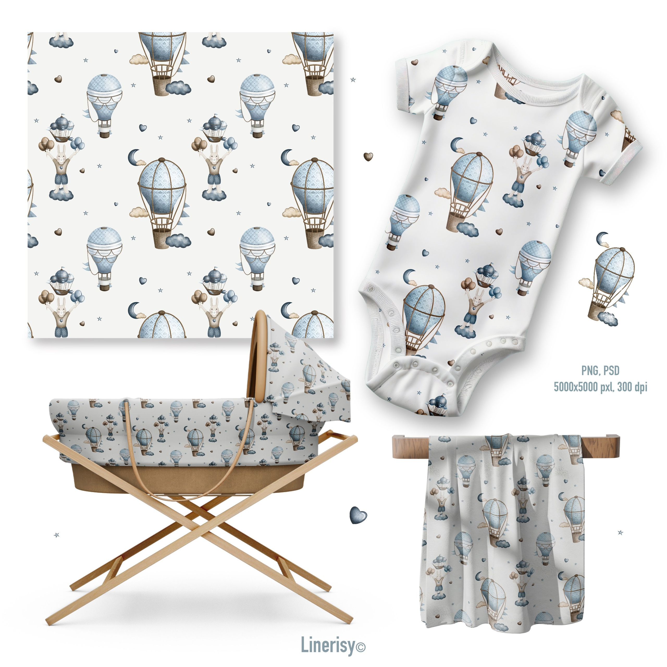 Набор паттернов № 3 «Зайка на воздушном шаре». Художник-иллюстратор Евгения Бекренёва