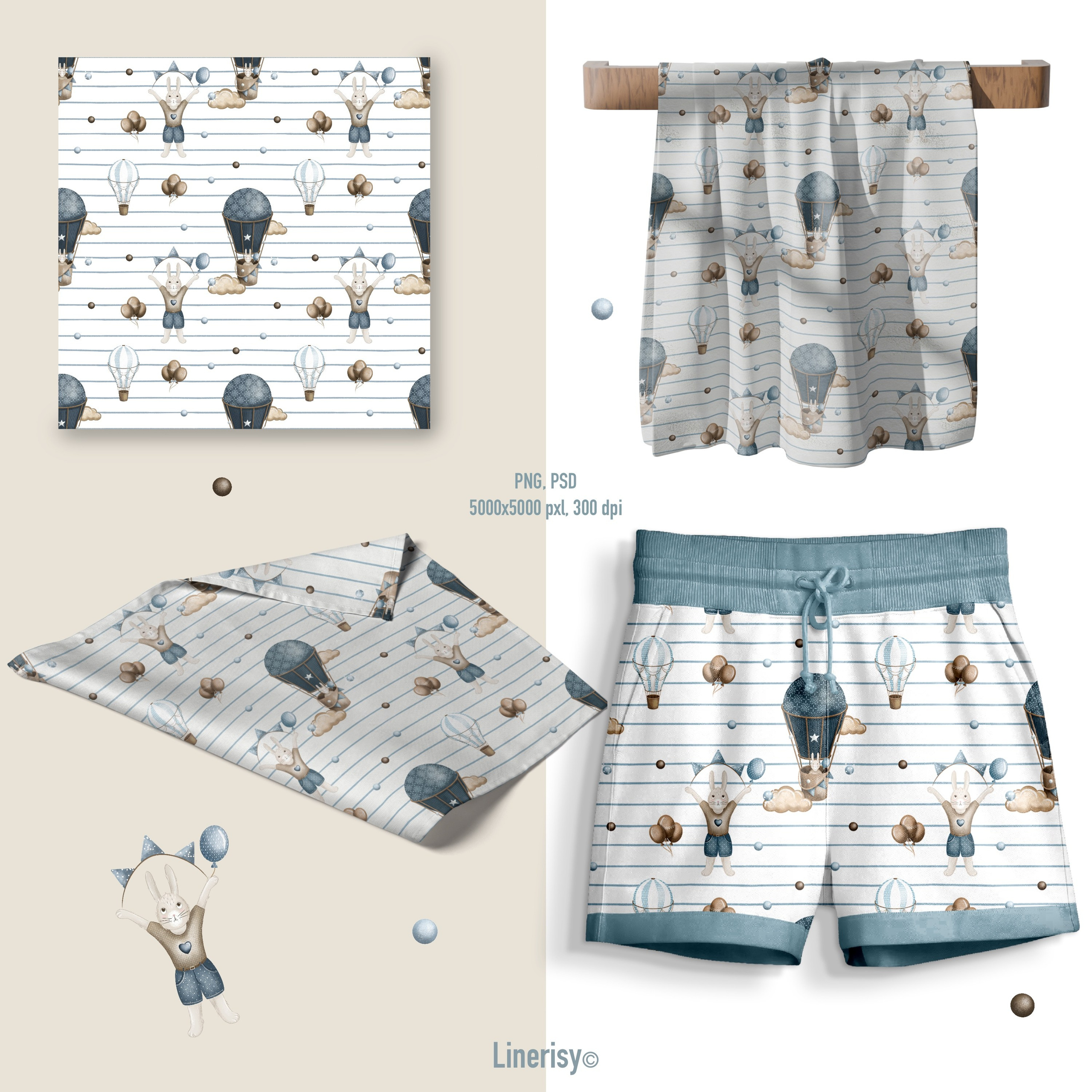 Набор паттернов № 2 «Зайка на воздушном шаре». Художник-иллюстратор Евгения Бекренёва