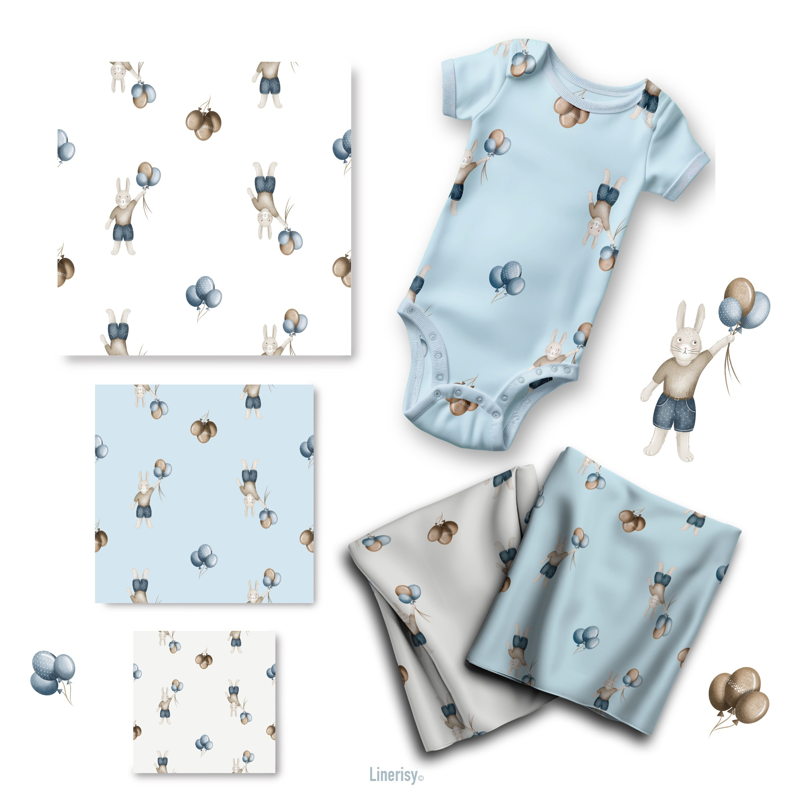 Набор паттернов № 1 «Зайка на воздушном шаре». Художник-иллюстратор Евгения Бекренёва