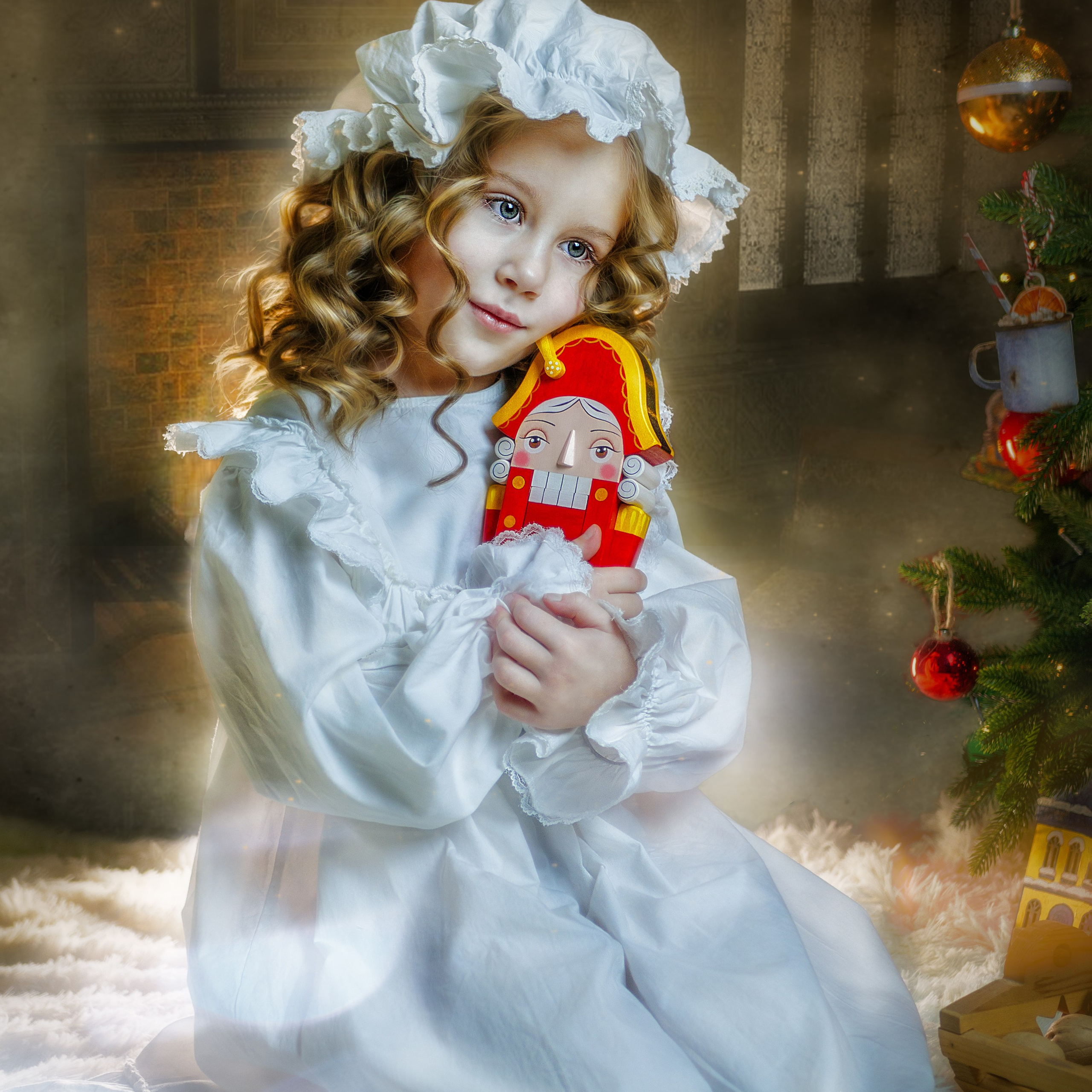 Девочка, сидя под рождественской ёлкой, обнимает деревянную куклу Щелкунчика.
