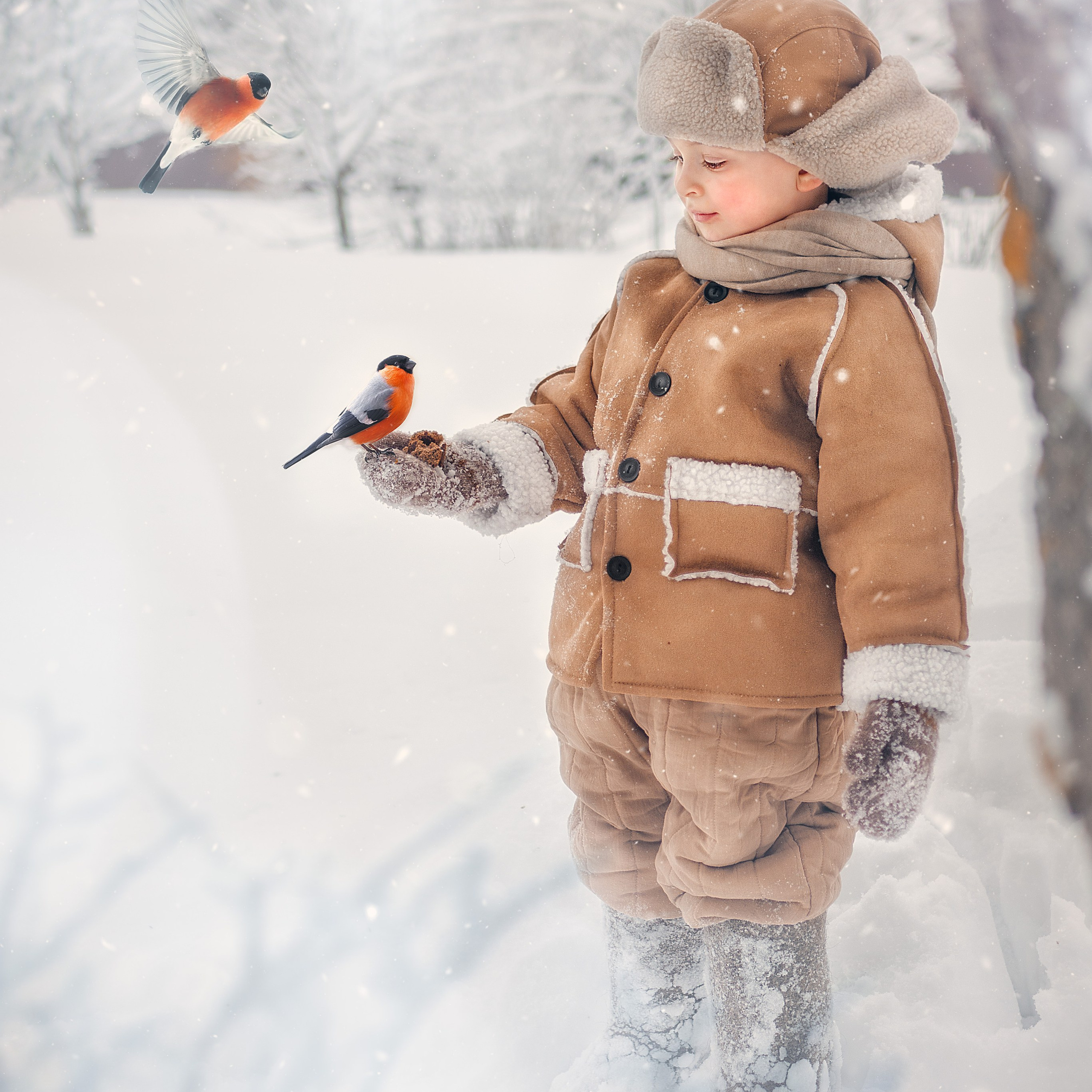 Зимний образ. Шапка ушанка, дубленка (тонкая), ватные штаны-шаровары, шарф, валенки. Размер 110-130.