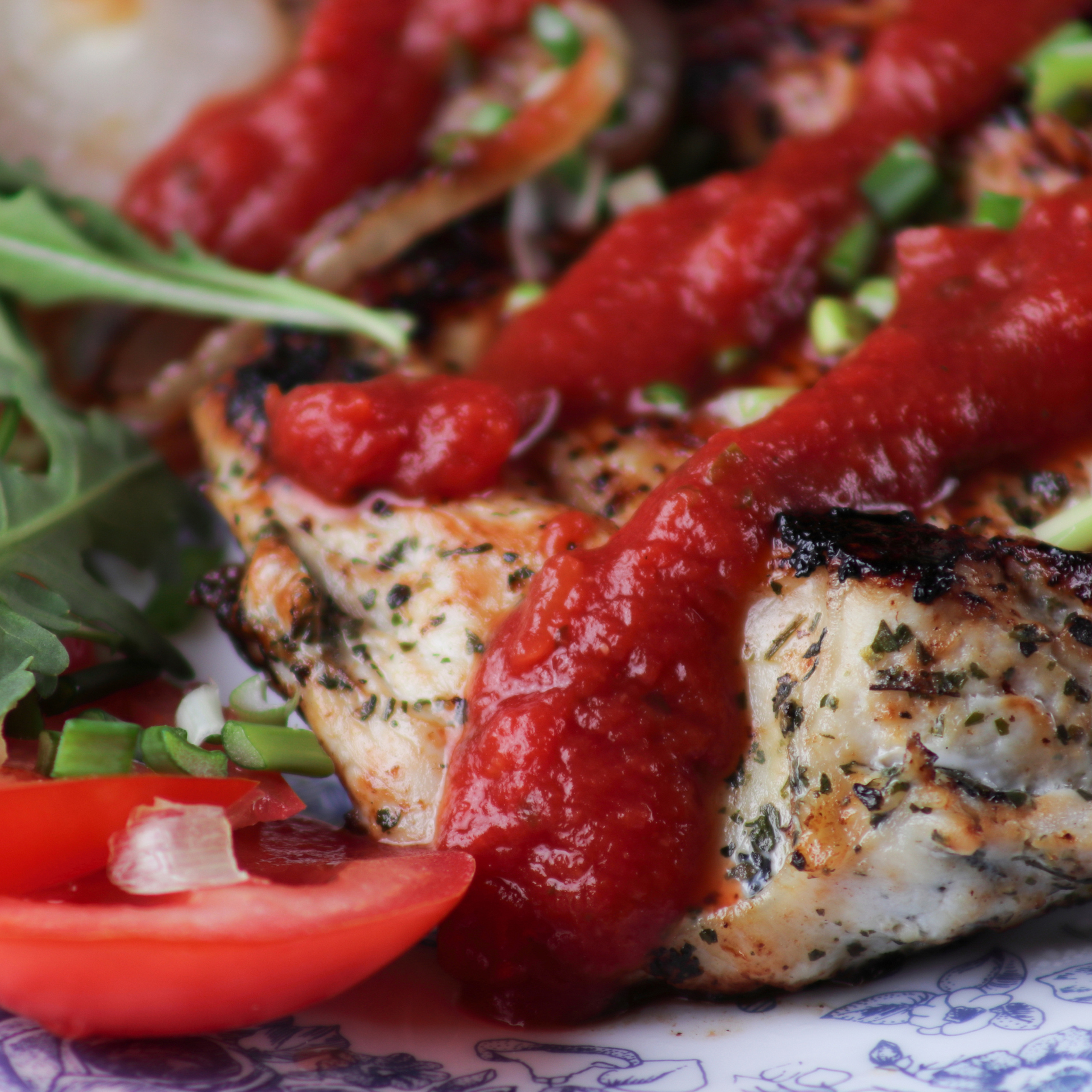 Фотография жареного мяса политого кетчупом.