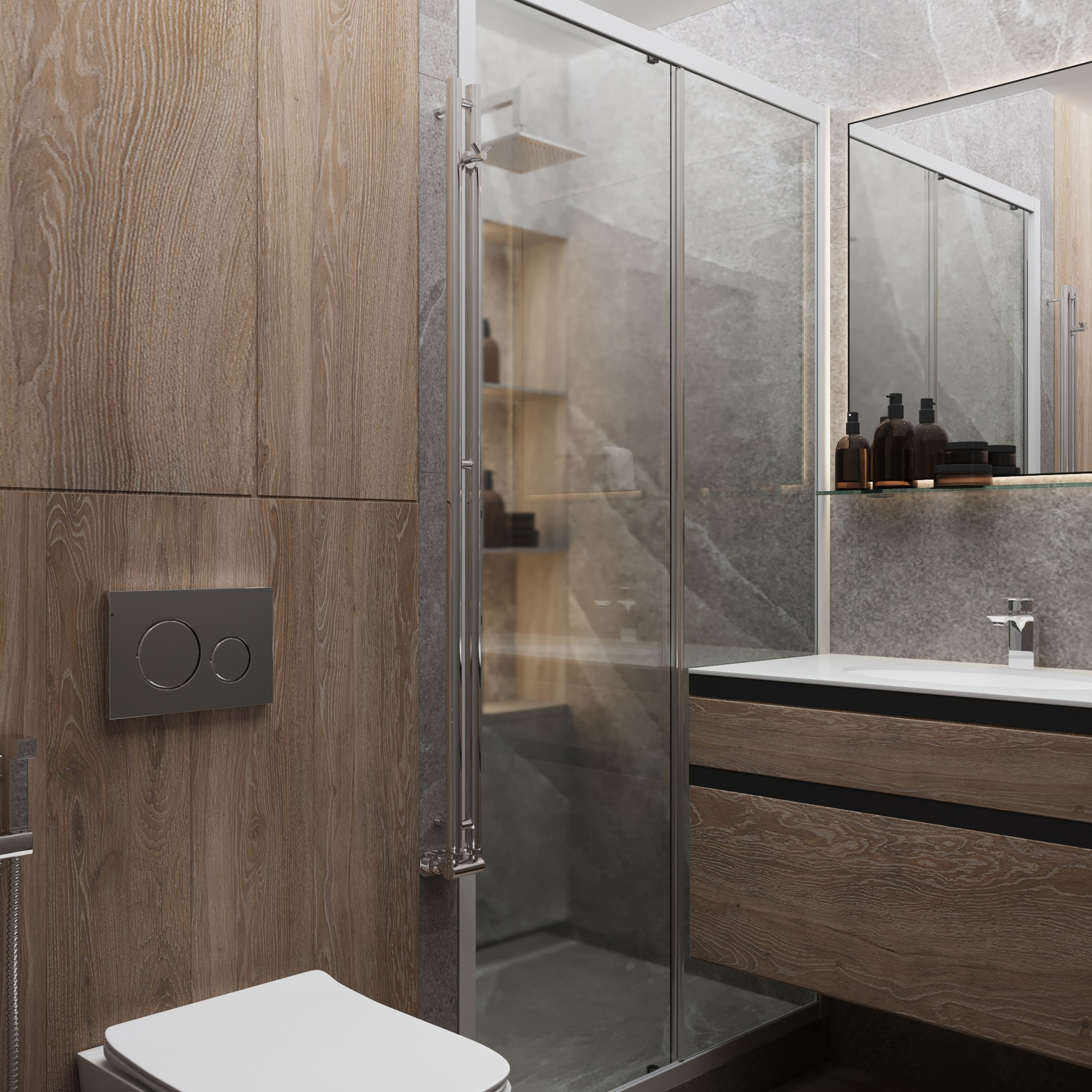 Гостевая ванная в сочетании дерево/камень