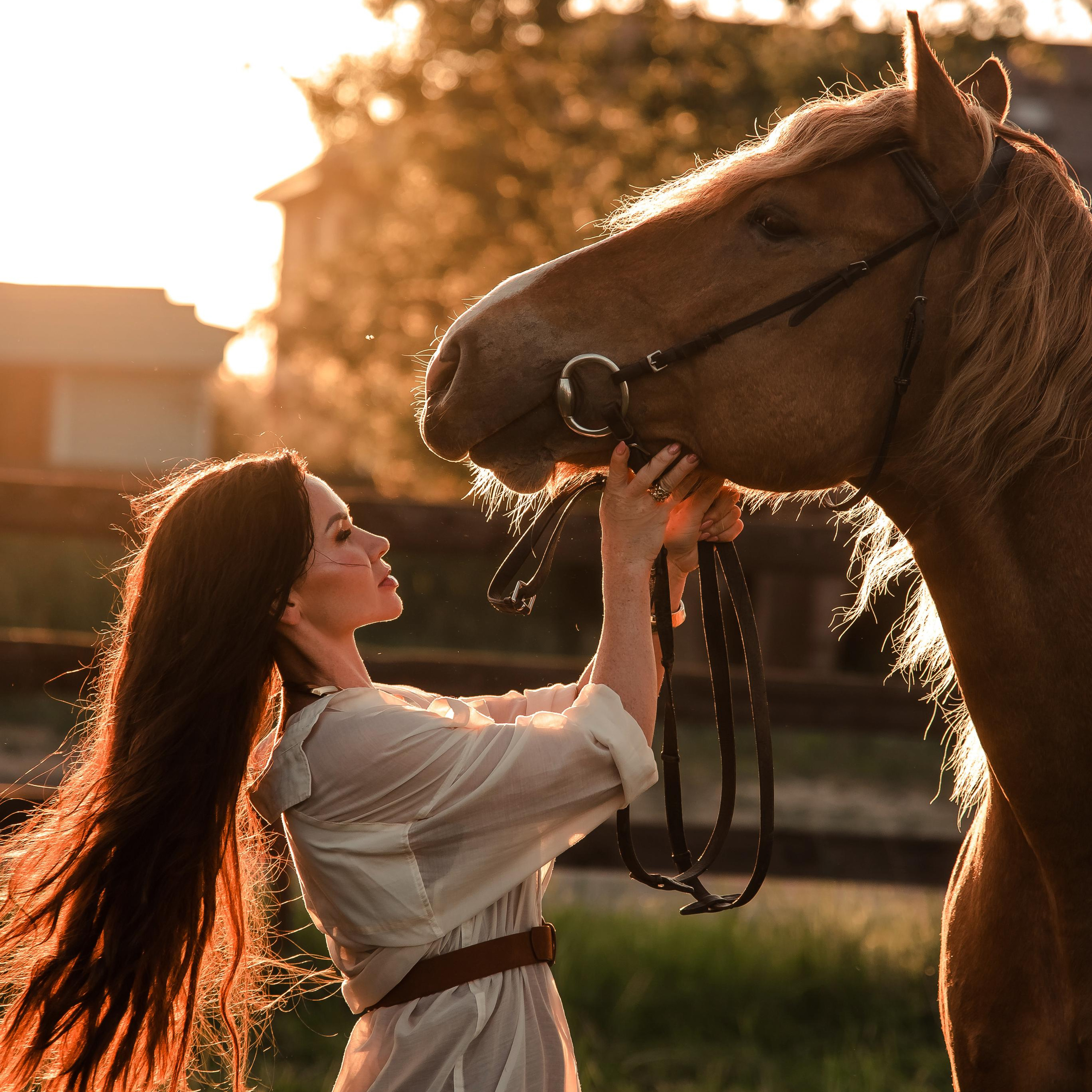 фотосессия с лошадью на закате в рубашке