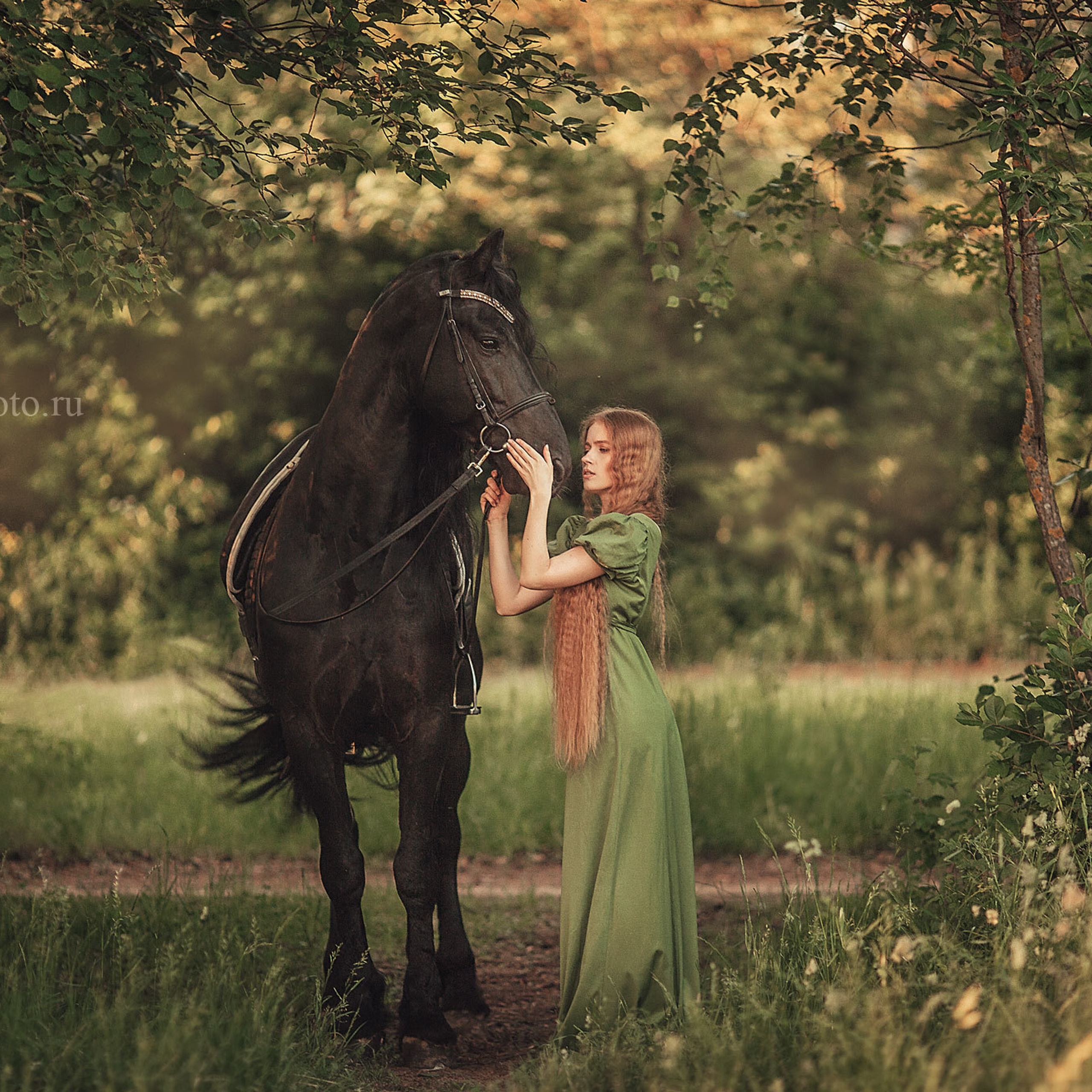  рыжая девушка в зеленом платье с черным конем фризской породы на закате летом