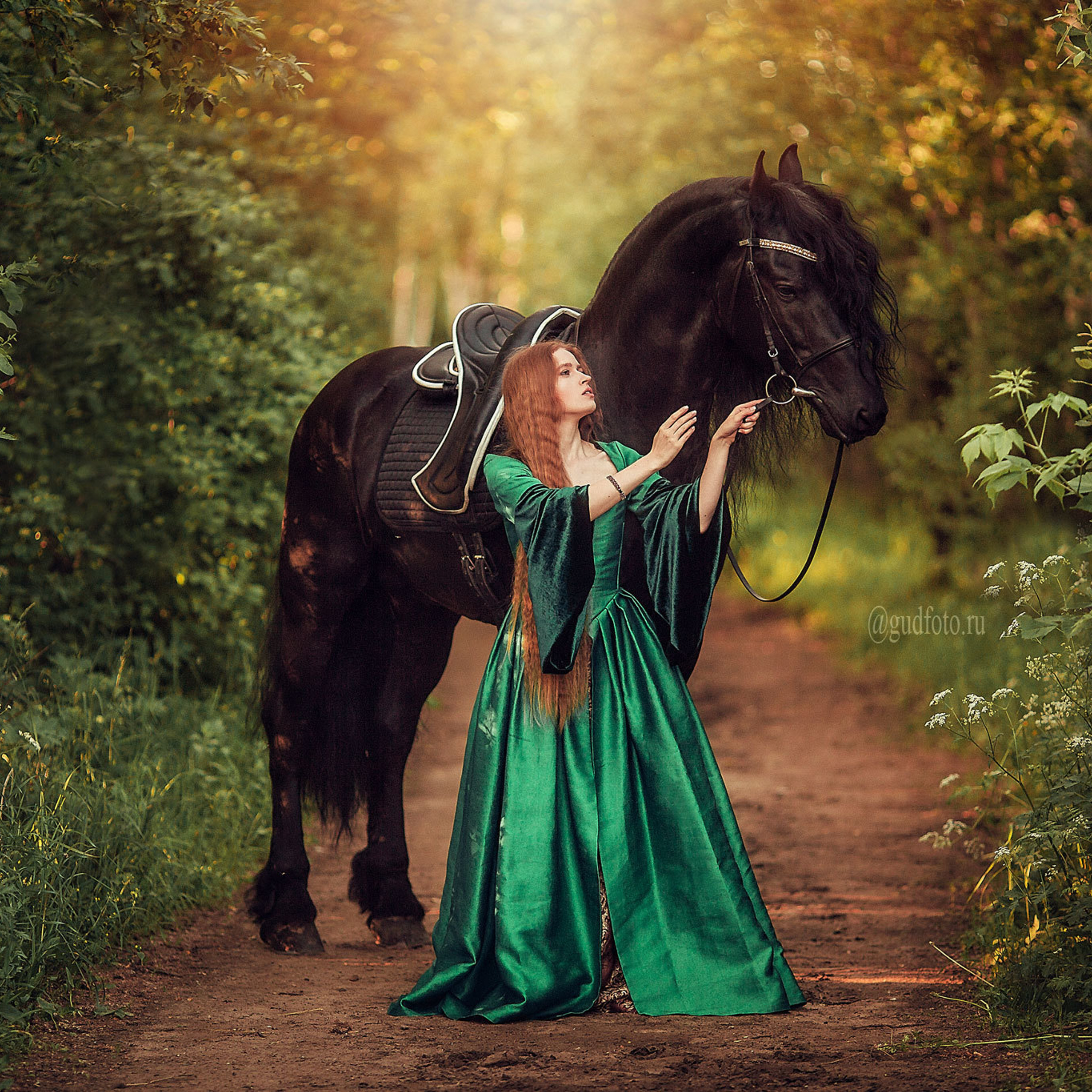  рыжая девушка в историческом зеленом платье с черным конем фризской породы на закате летом