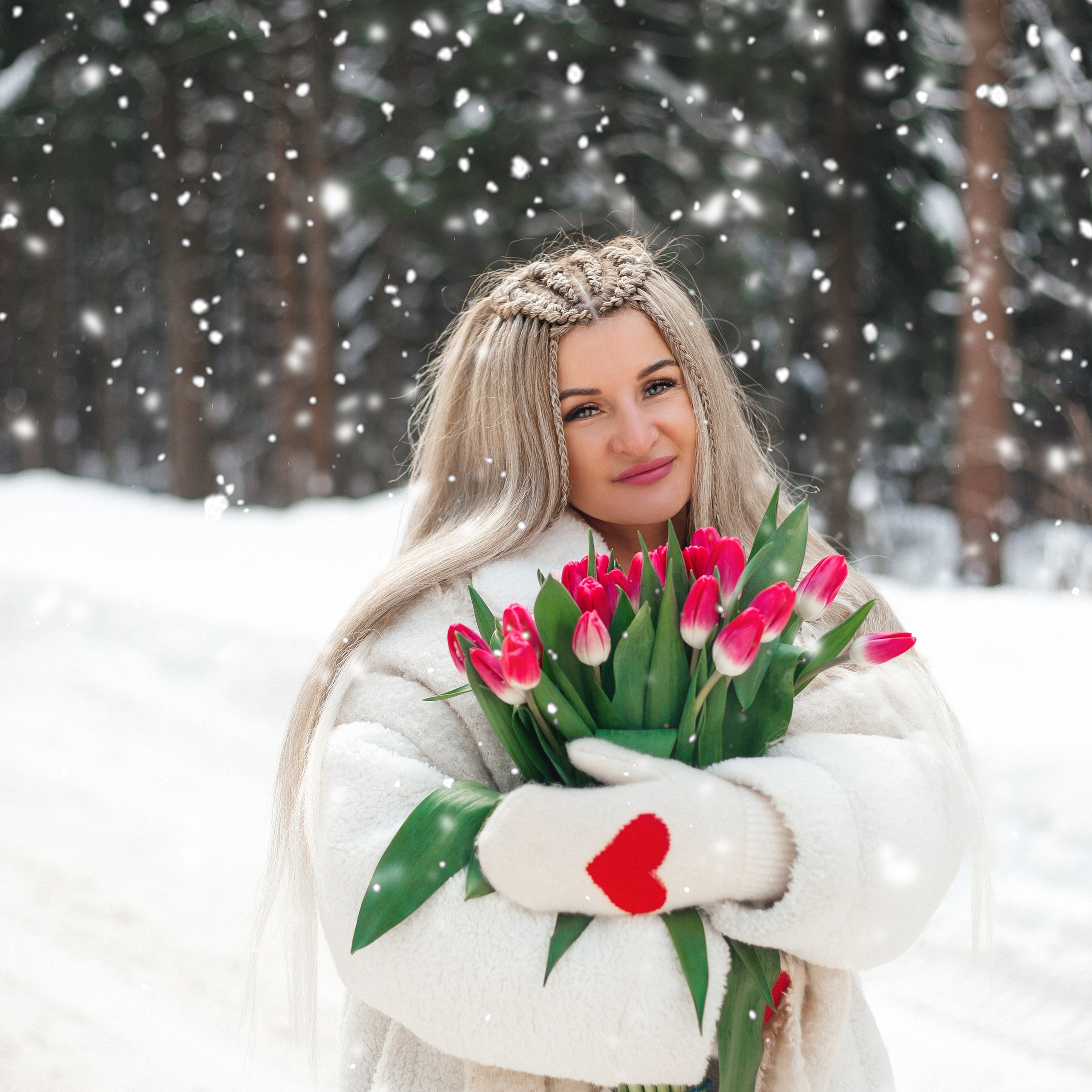 Зимняя фотосессия в лесу с тюльпанами