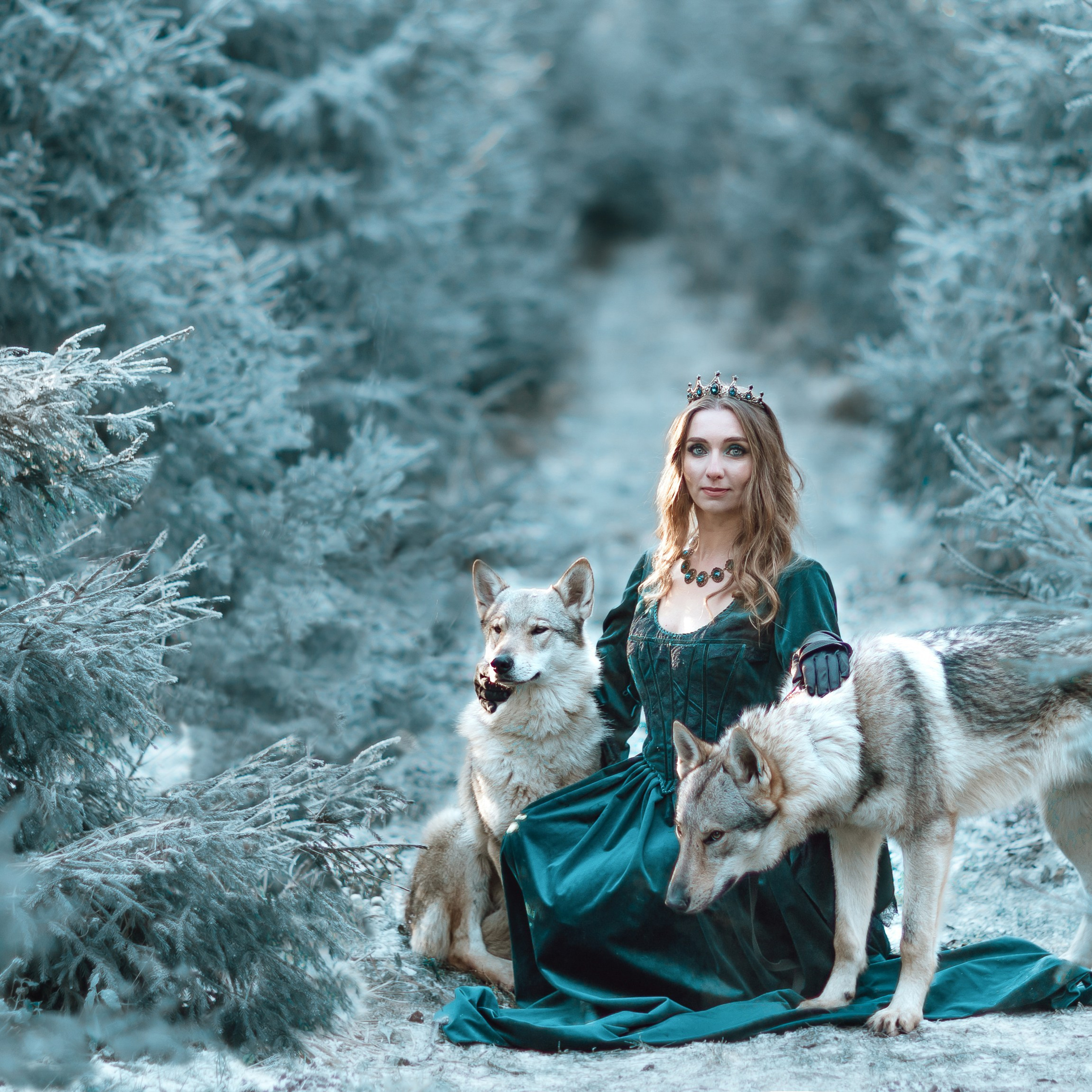 Маргарита и волки, фотосессия в заснеженном лесу