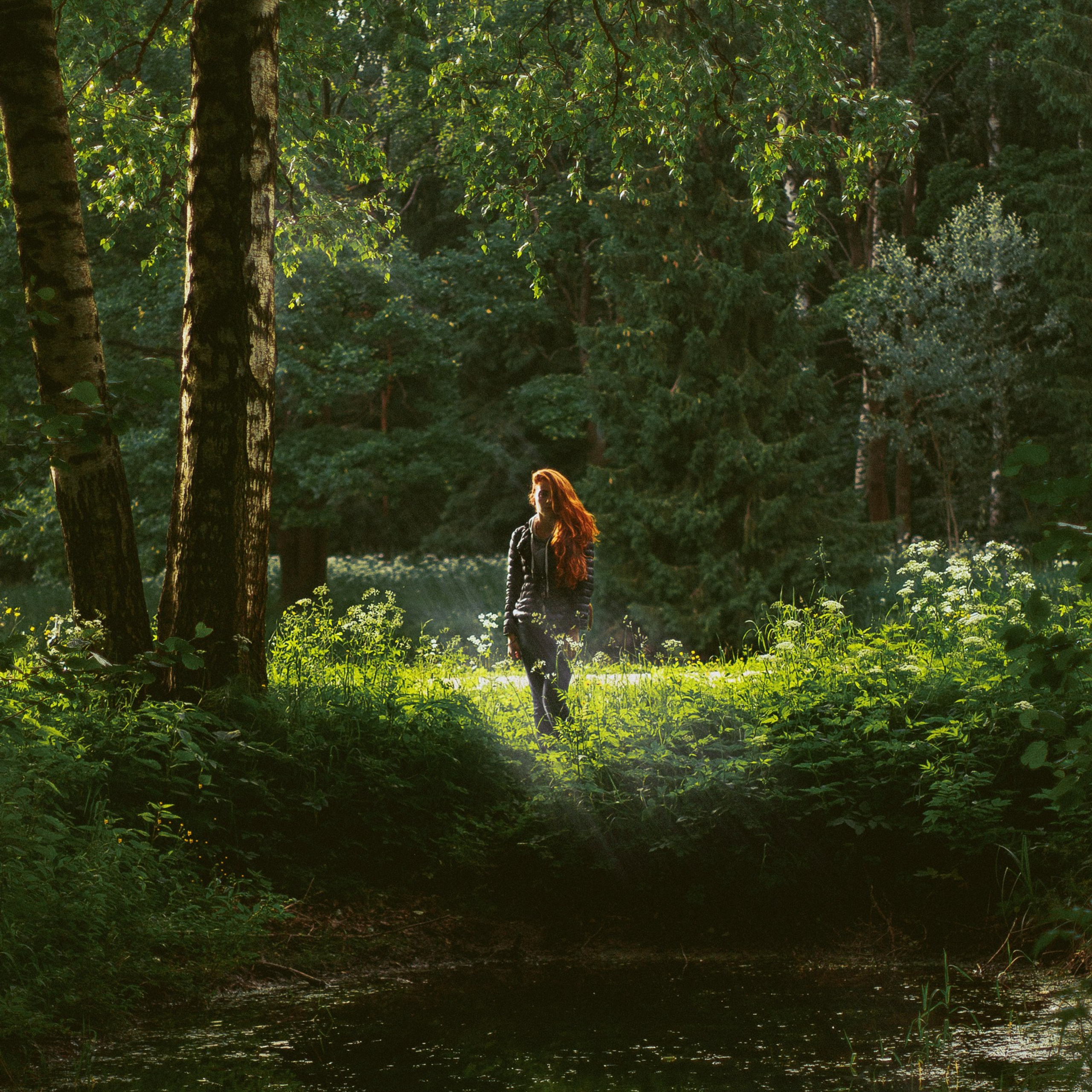 одинокая девушка в зеленом лесу и отражение в воде 