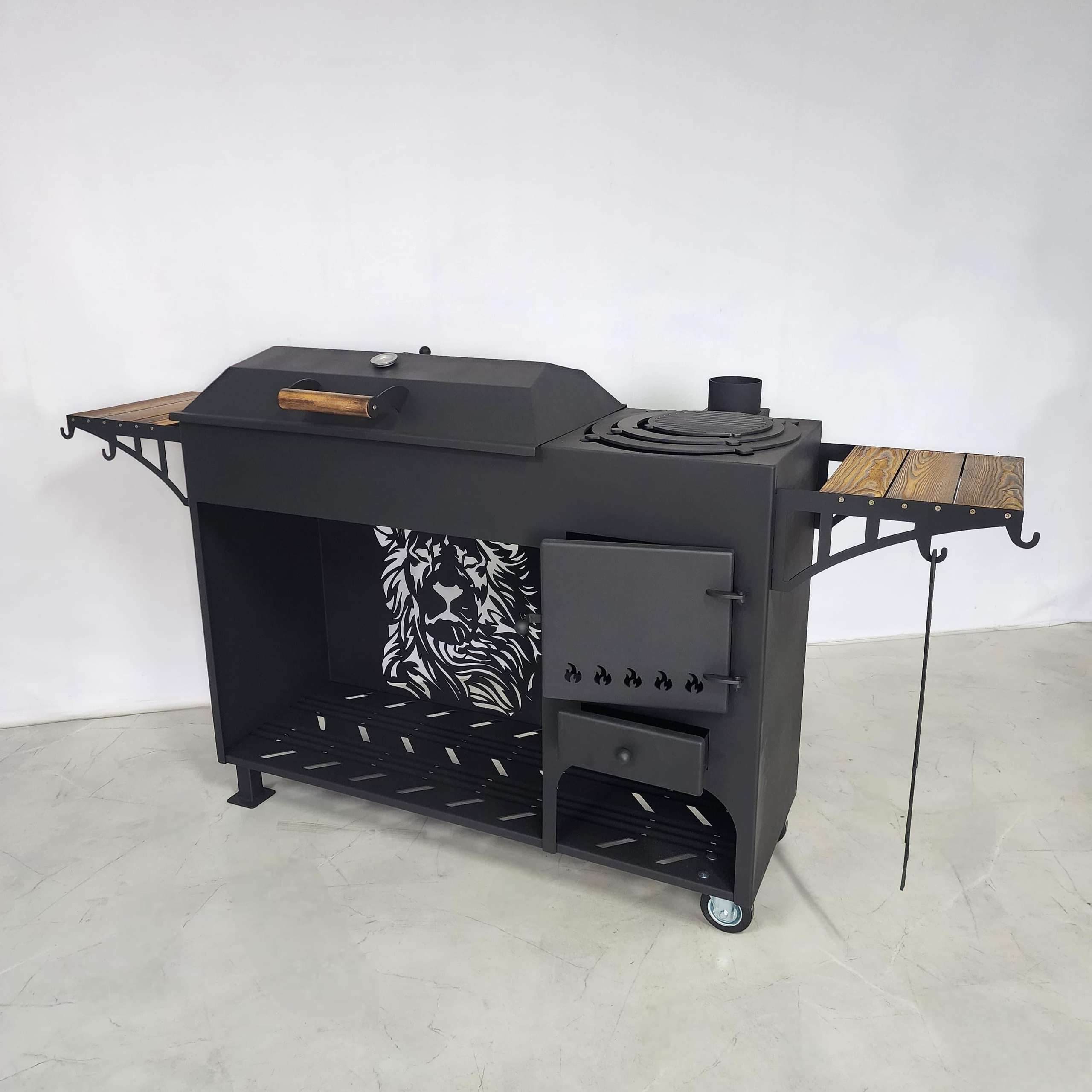 Мангал с печью под казан и крышкой барбекю