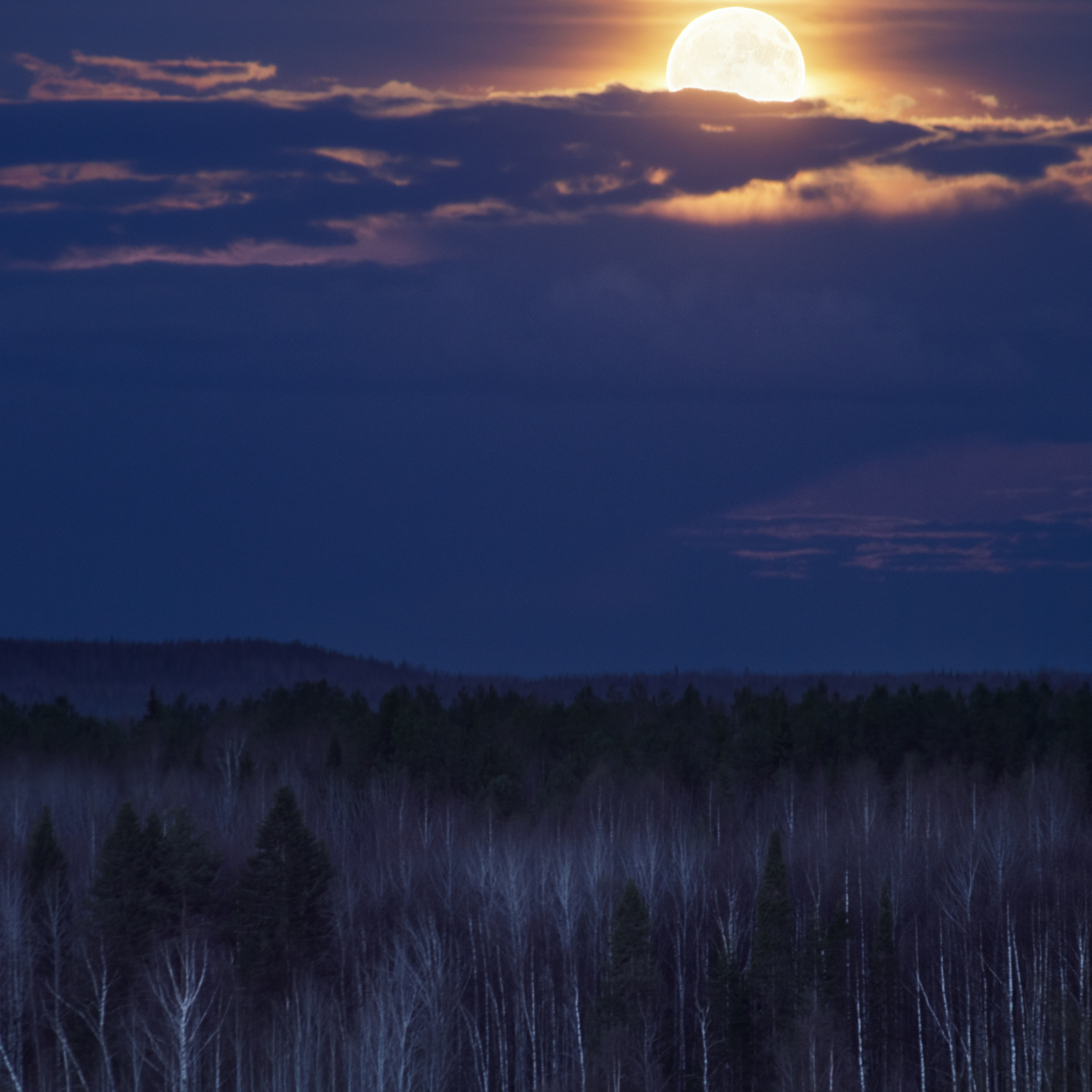 Восход Луны из-за облаков. Весенняя ночь.