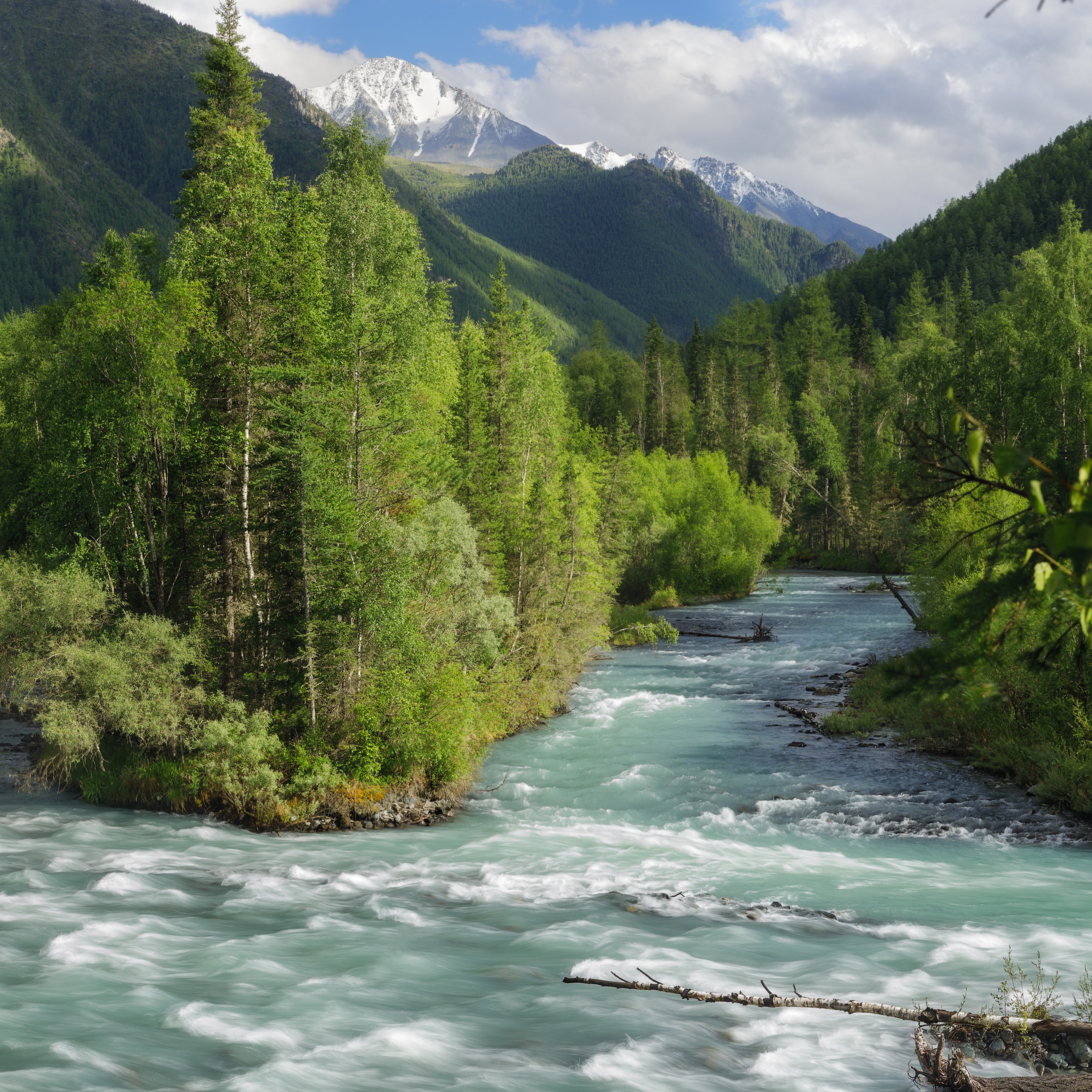 Алтайские горы. Горный пейзаж. Поход в горы. Река Кучерла. Снежные вершины гор на Алтае. Республика Алтай.