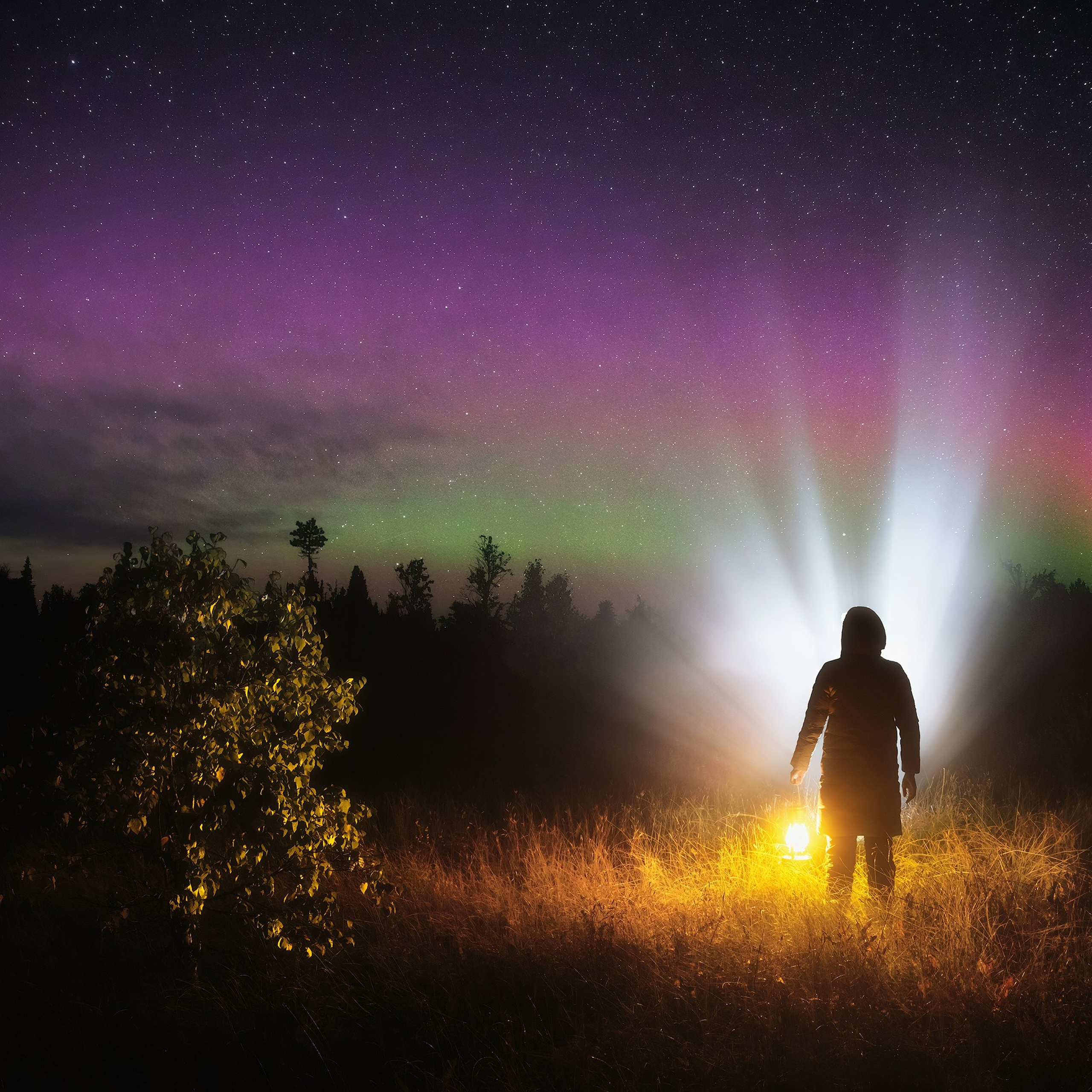 Waiting for Aurora. Northern Lights in the Komi Republic. Polar Lights on the swamp. Fog, swamp and Northern Lights. Man with a kerosene lamp at night on the swamp.