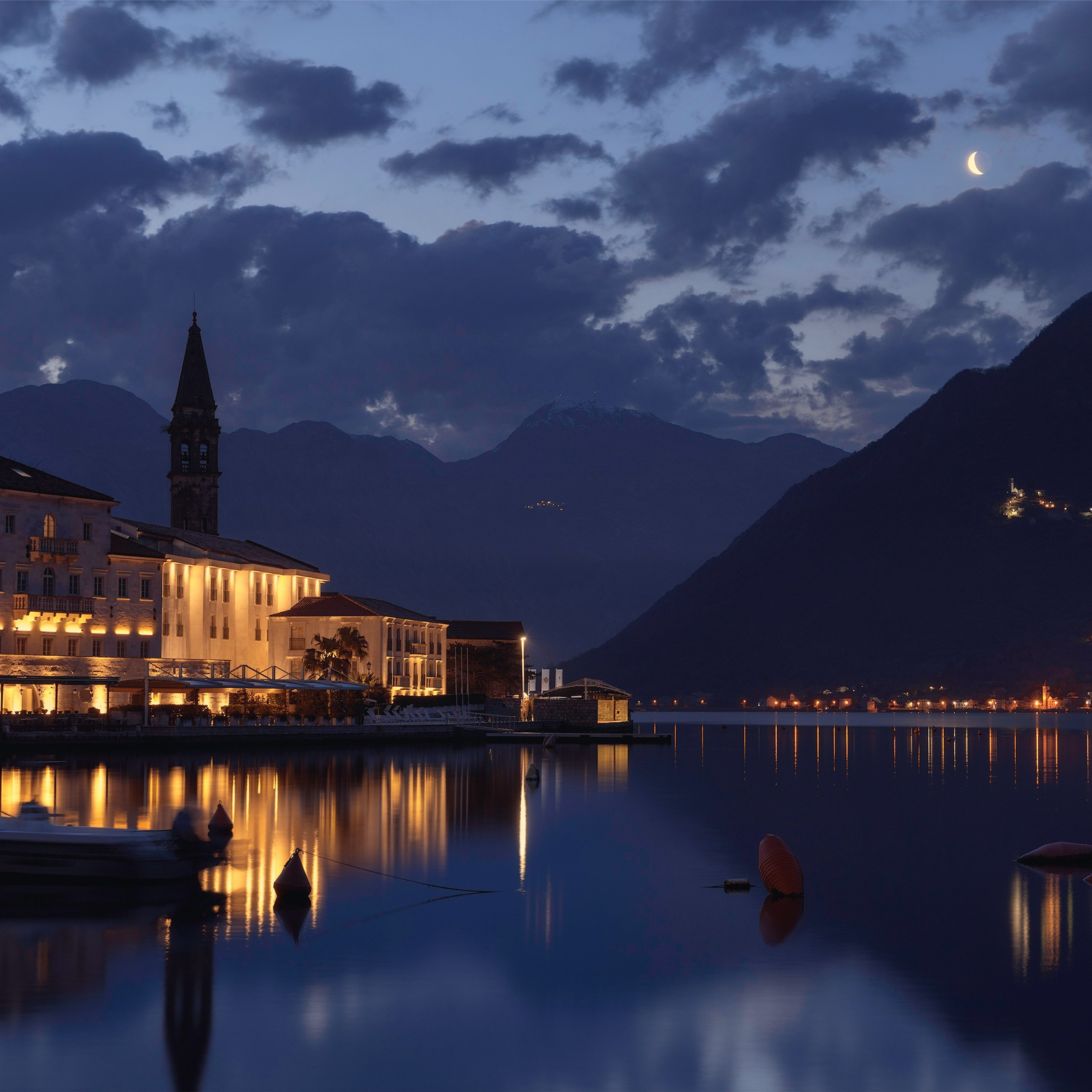 Night in Perast. Night in Montenegro. Moonlit night in Perast.