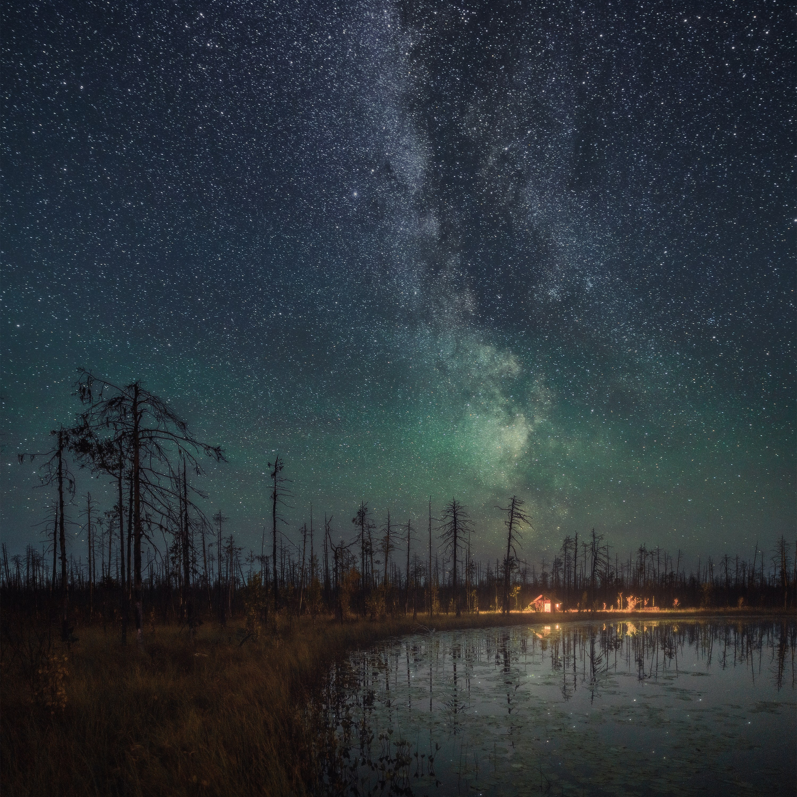 Млечный путь на озере Ырымвад. Млечный путь над лесной избушкой. Млечный путь над озером. Млечный путь над болотом. Млечный путь на севере в Республике Коми.