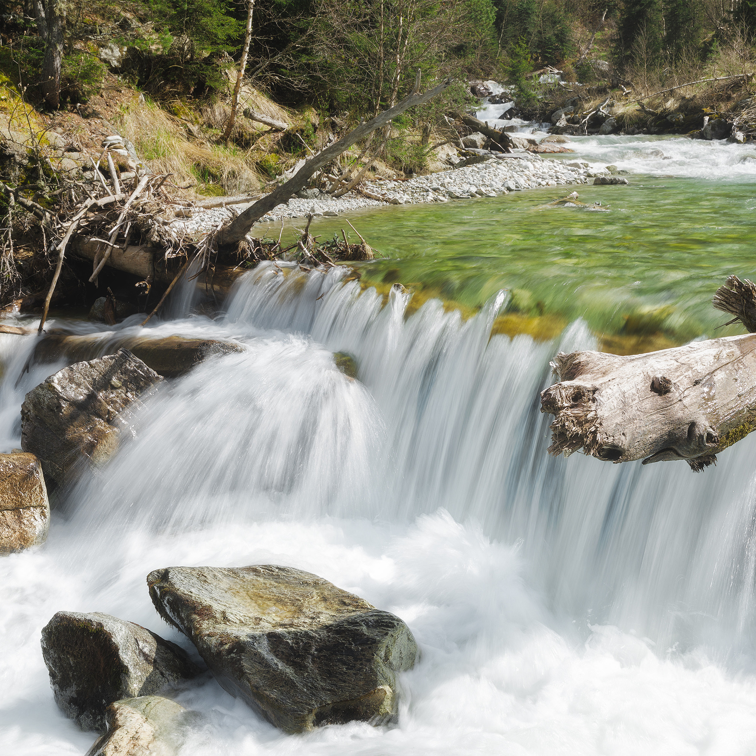 Зеленые реки долины Махар. Порог на реке Махар. Кавказские реки. Горная река на Кавказе. Водопад на реке Махар. Пейзажи Карачаево-Черкесской республики.
