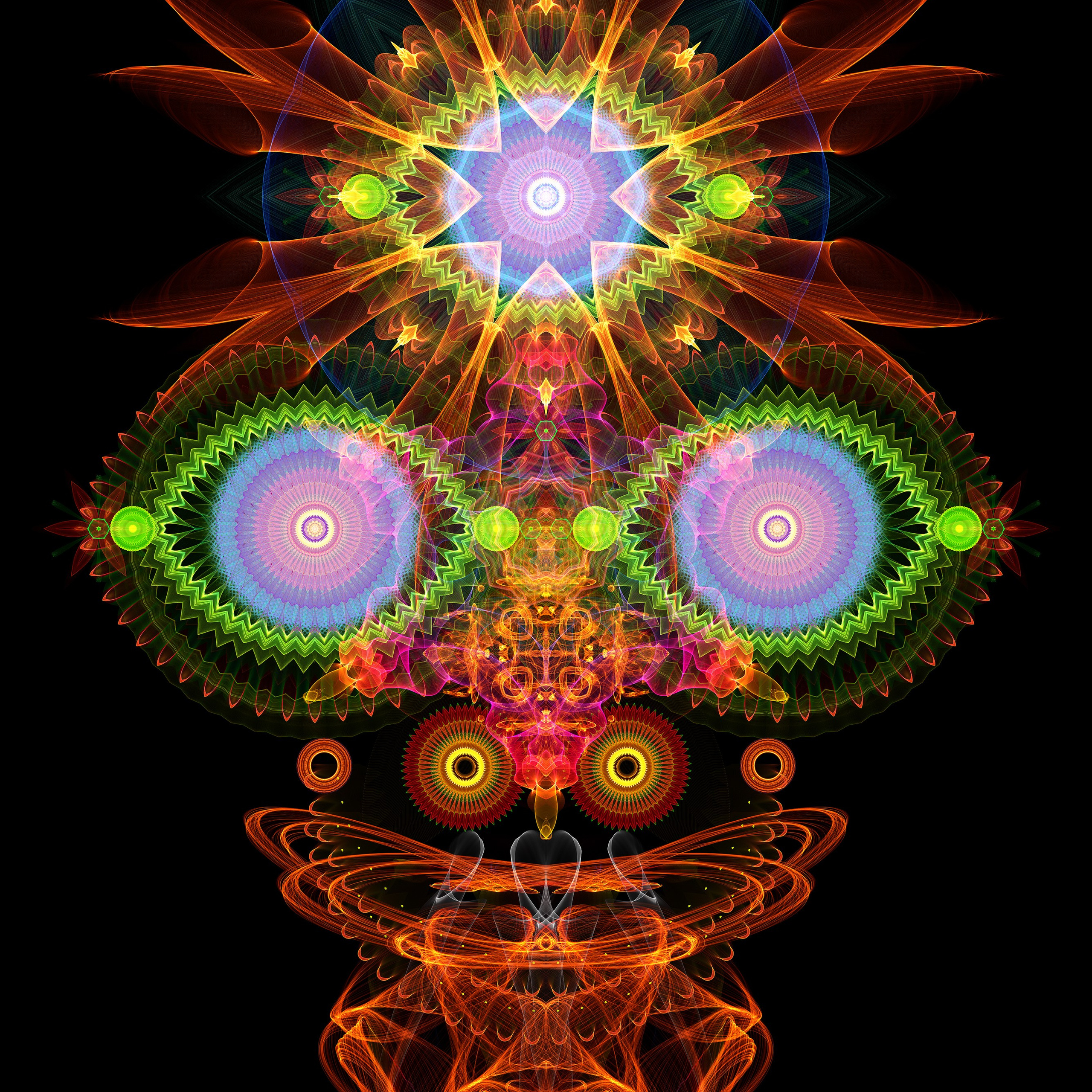 Картина «Ананси» из серии «Маски Богов» отражает многогранную и загадочную природу западноафриканского бога-трикстера, который, согласно мифам, является создателем всех историй и знаний. Эта работа, висящая в абсолютной черноте, кажется вратами в мир невидимого, представляя квинтэссенцию сакрального, древнего духа. Композиция маски словно выполнена из светящихся нитей, переплетенных в плотное, сложное паучье кружево, олицетворяя мудрость и коварство, которыми наделен Ананси.