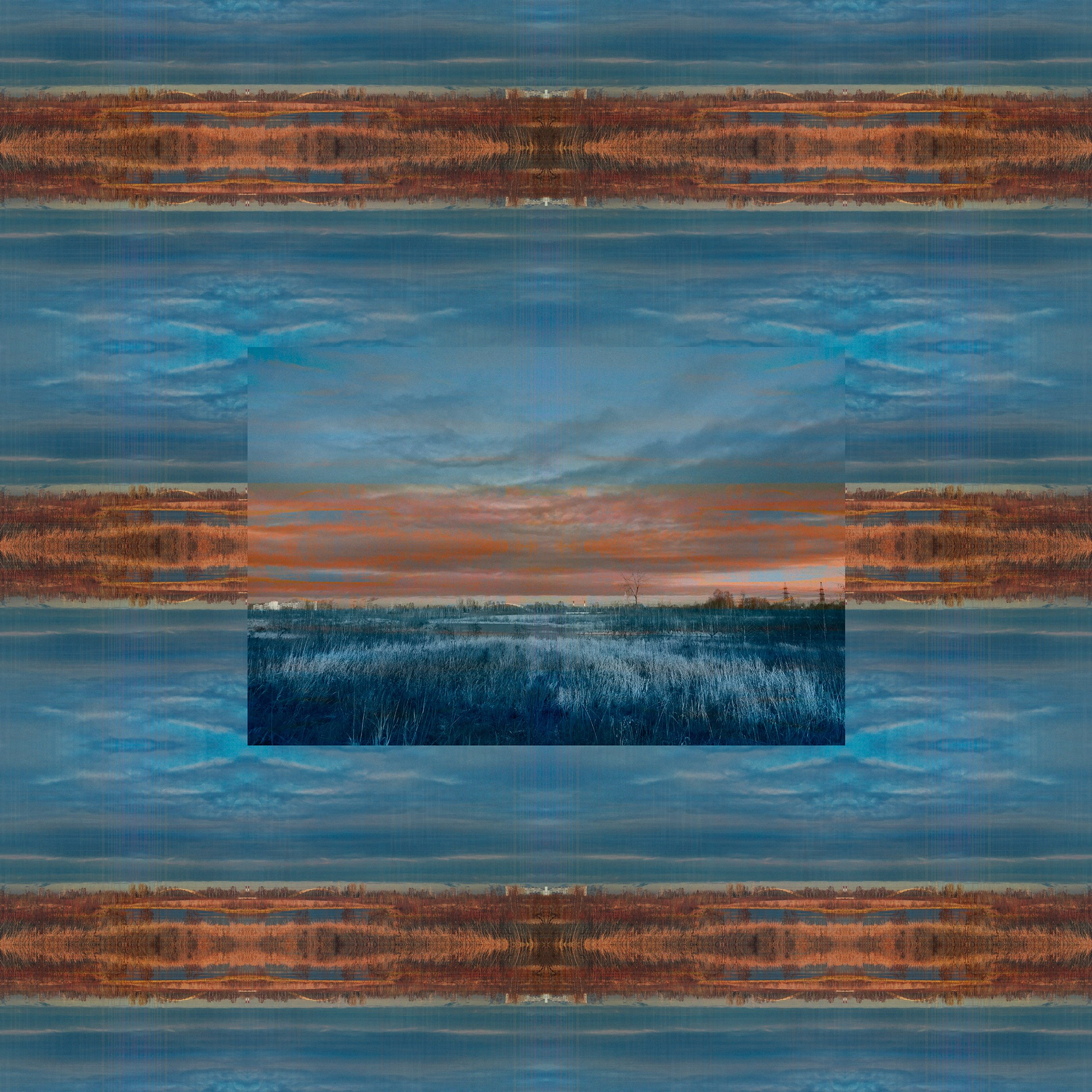 深い秋の夢 (Сон глубокой осени)#002 - картина из серии Screen Interference — это монументальный диалог природы с цифровым пространством, воплощённый на 100x100 см, в технике пластификации. Художник мастерски улавливает переходные состояния времени, пространства и восприятия, создавая образ, одновременно зыбкий, как отражение в воде, и стабильный, как паттерн цифровой текстуры.