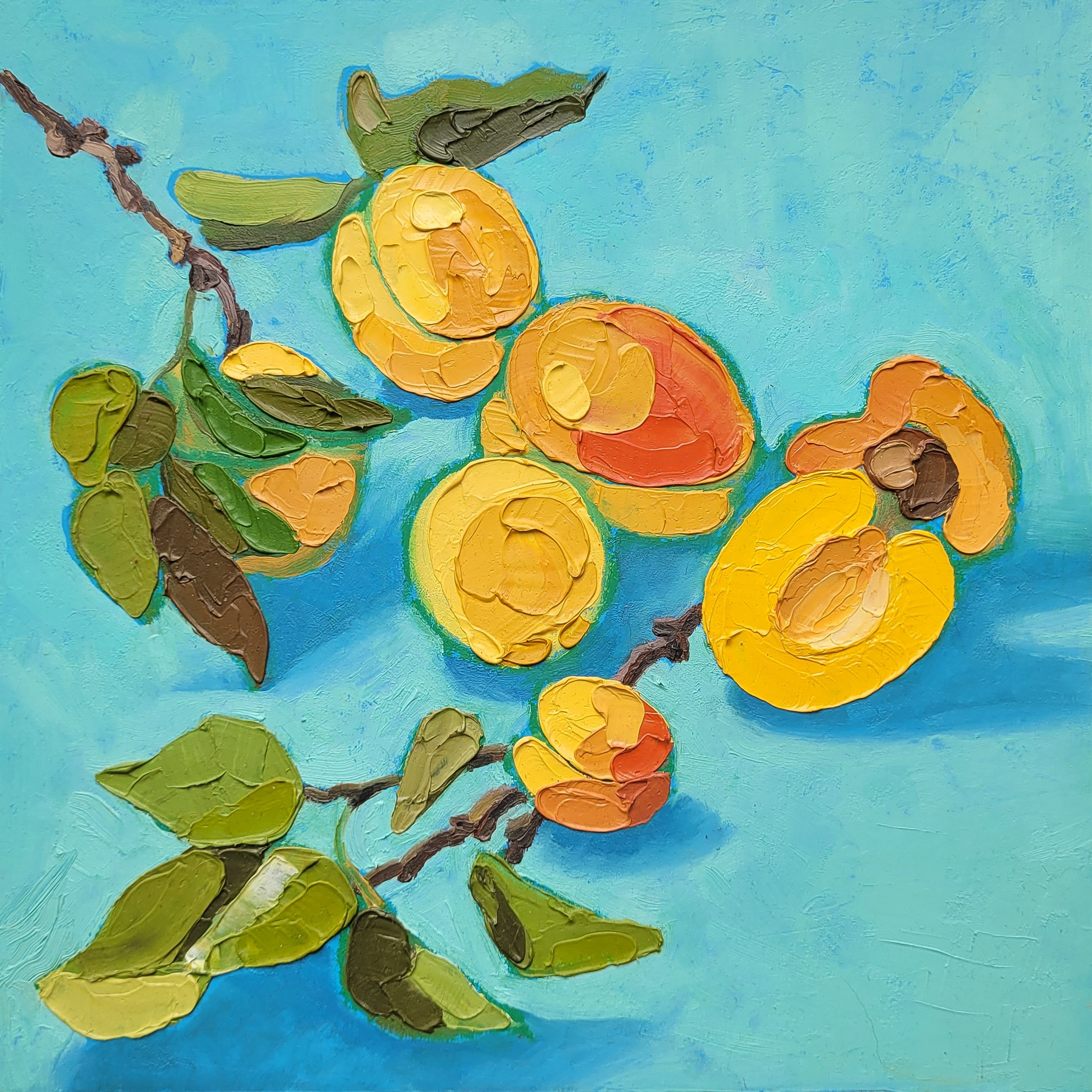 Картина маслом «Солнечные абрикосы», масло на картоне, 25×25 см. 5000р. Галерея авторских картин художницы Бельмесовой Евгении
