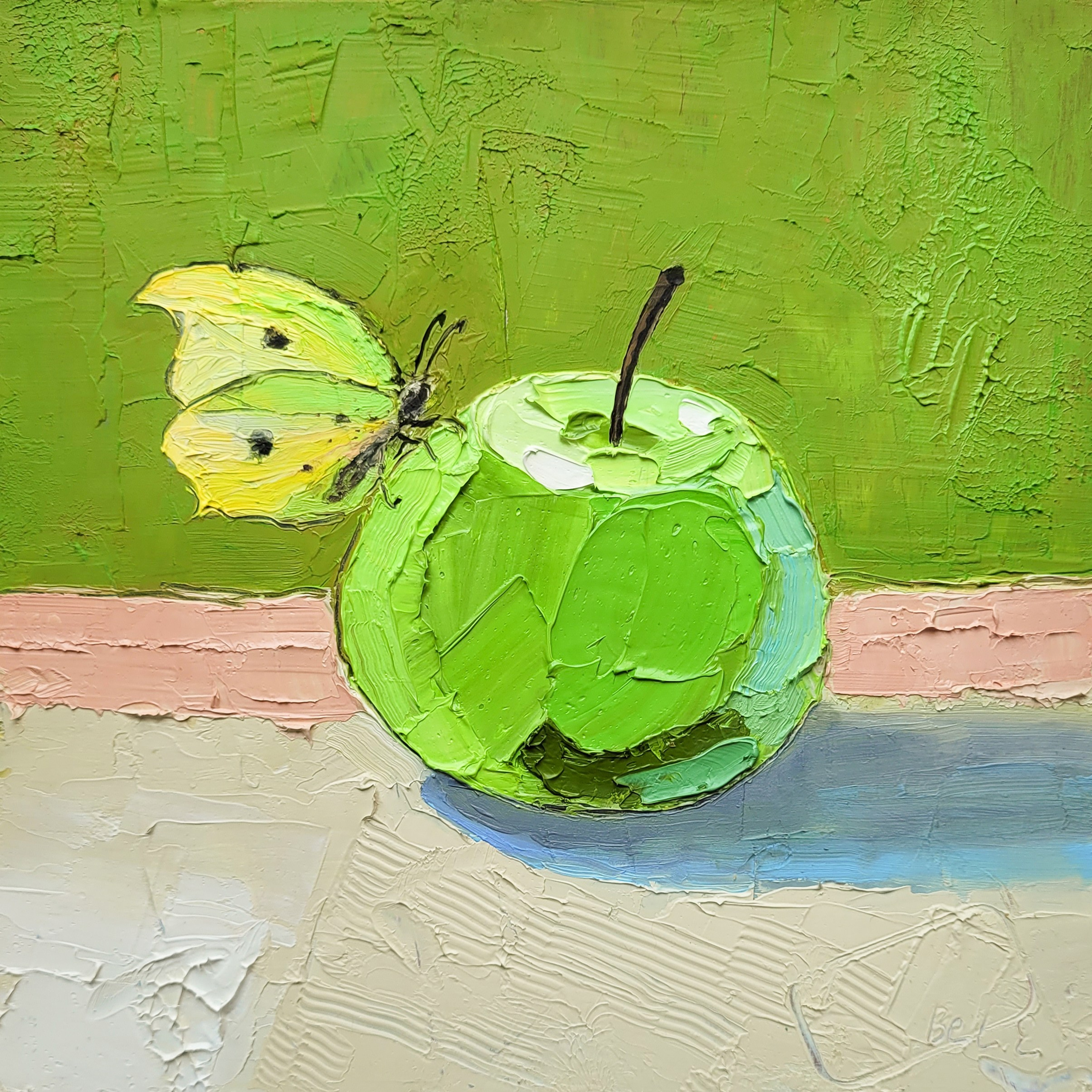 «Яблочко и бабочка», масло на картоне. 20×20 см. 5000р. Галерея авторских картин художницы Бельмесовой Евгении