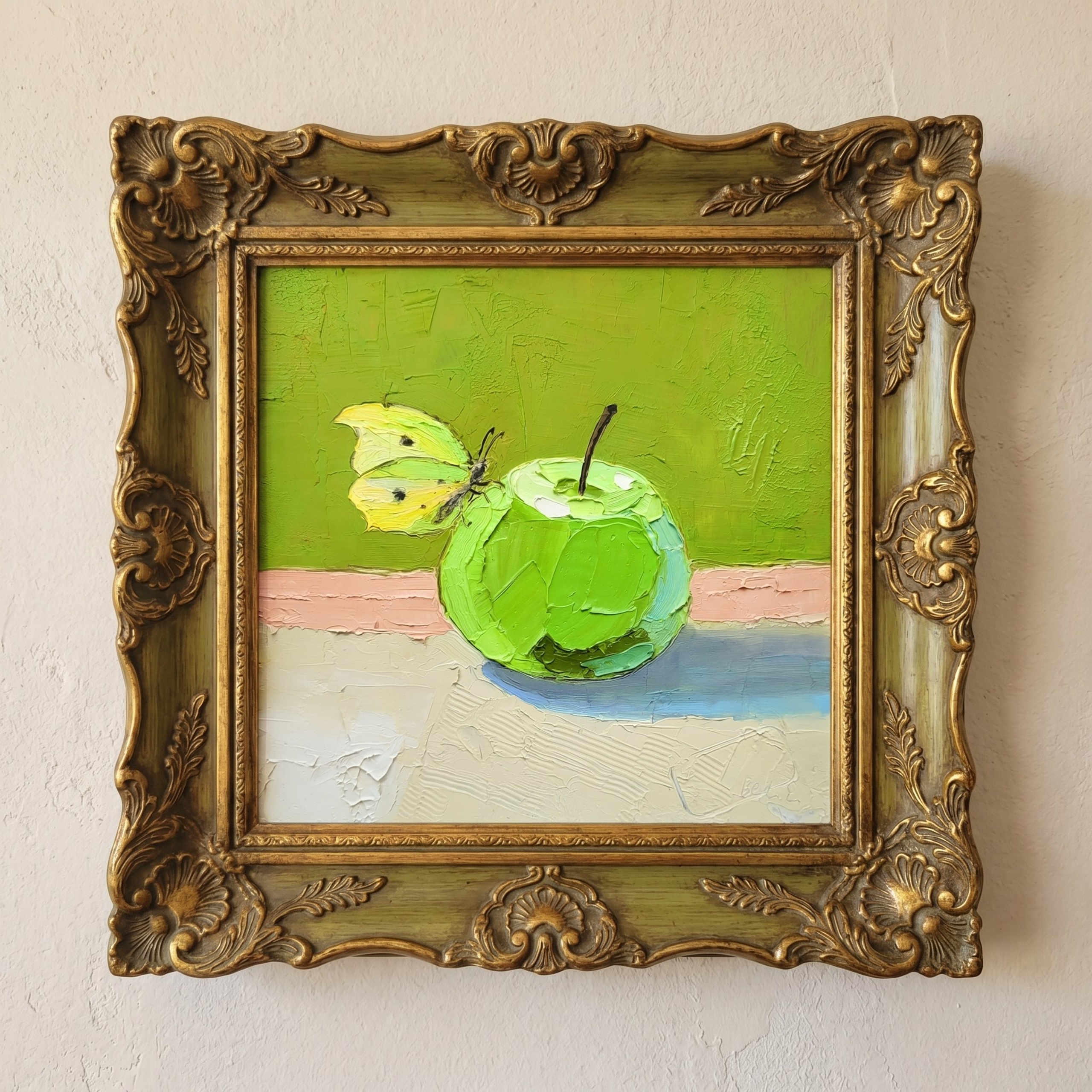 «Яблочко и бабочка», масло на картоне. 20×20 см. 5000р. Галерея авторских картин художницы Бельмесовой Евгении