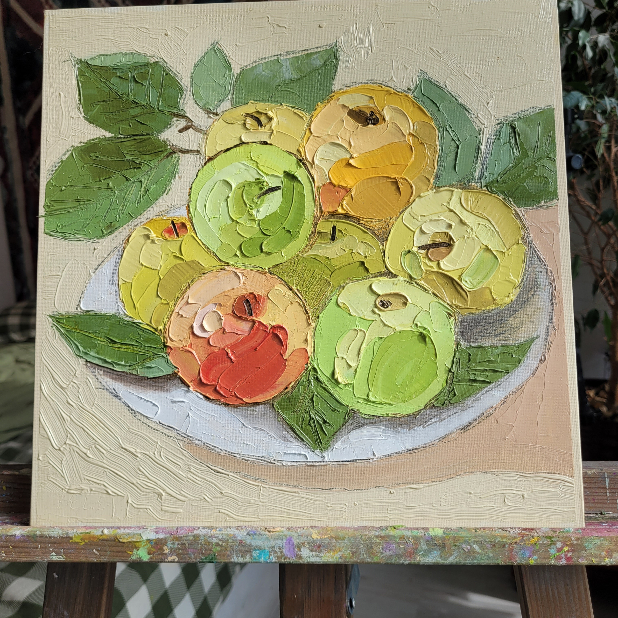 Картина маслом «Наливные яблочки». Масло, холст на картоне, 30×30 см. 4500р. Галерея авторских картин художницы Бельмесовой Евгении