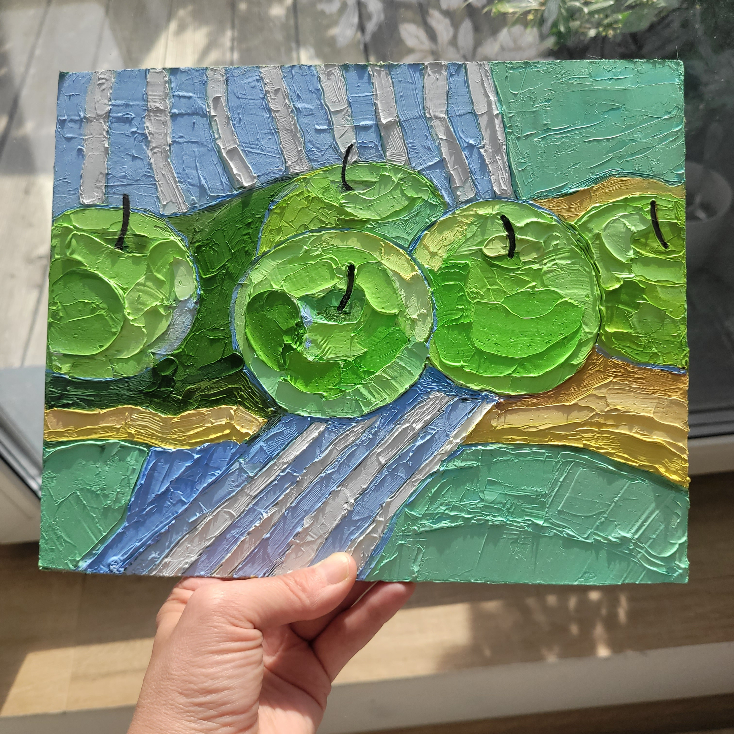 «Яблочки зеленые». Масло на картоне. 25×20см. Цена без рамы. 6000р. Галерея авторских картин художницы Бельмесовой Евгении