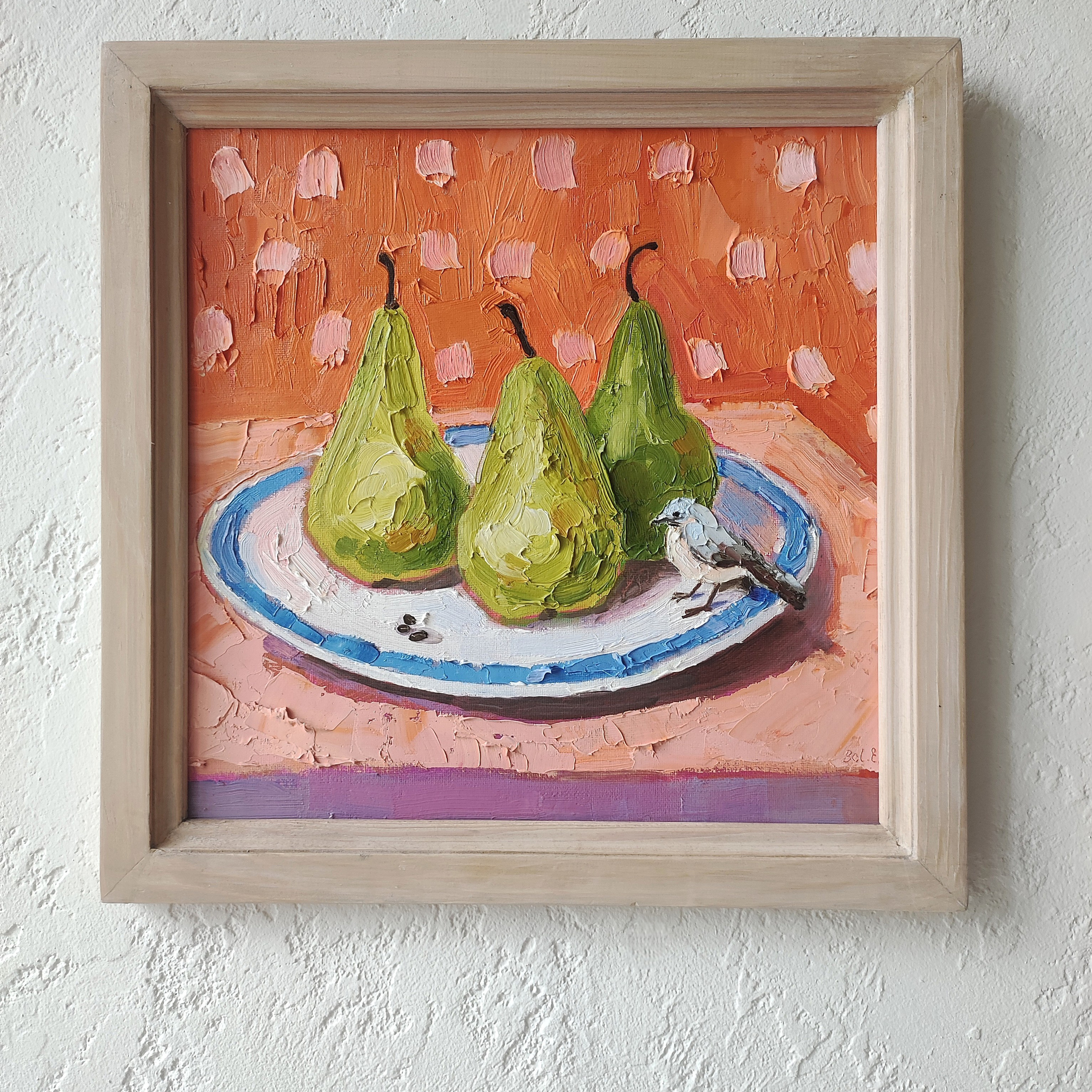 «Натюрморт с грушами и птичкой». Масло, холст на картоне, 30×30 см