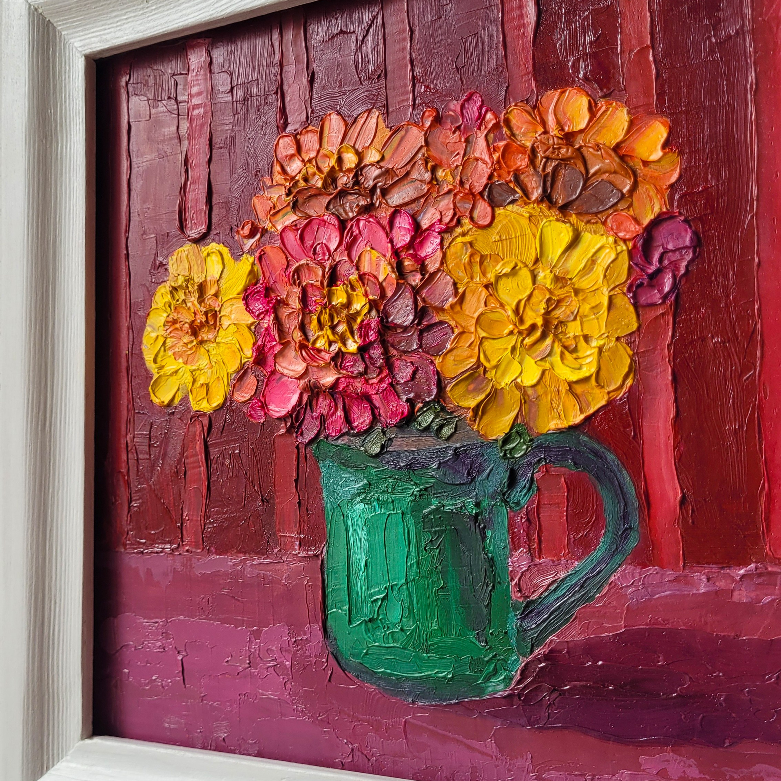 Картина «Цветы на красном фоне». 25×25 см. Масло, картон