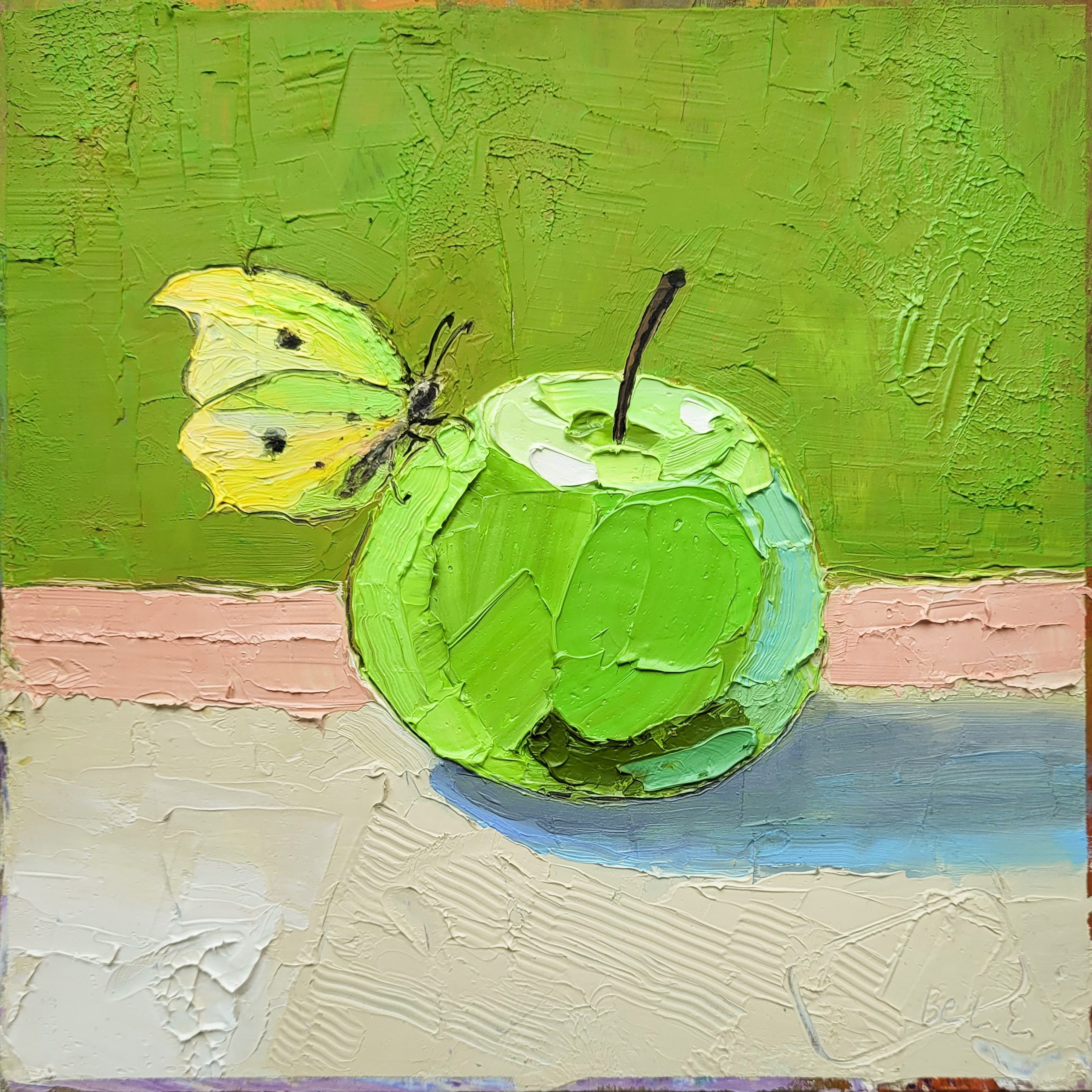 «Яблочко и бабочка», масло на картоне. 20×20 см. 5000р. Галерея авторских картин художницы Бельмесовой Евгении