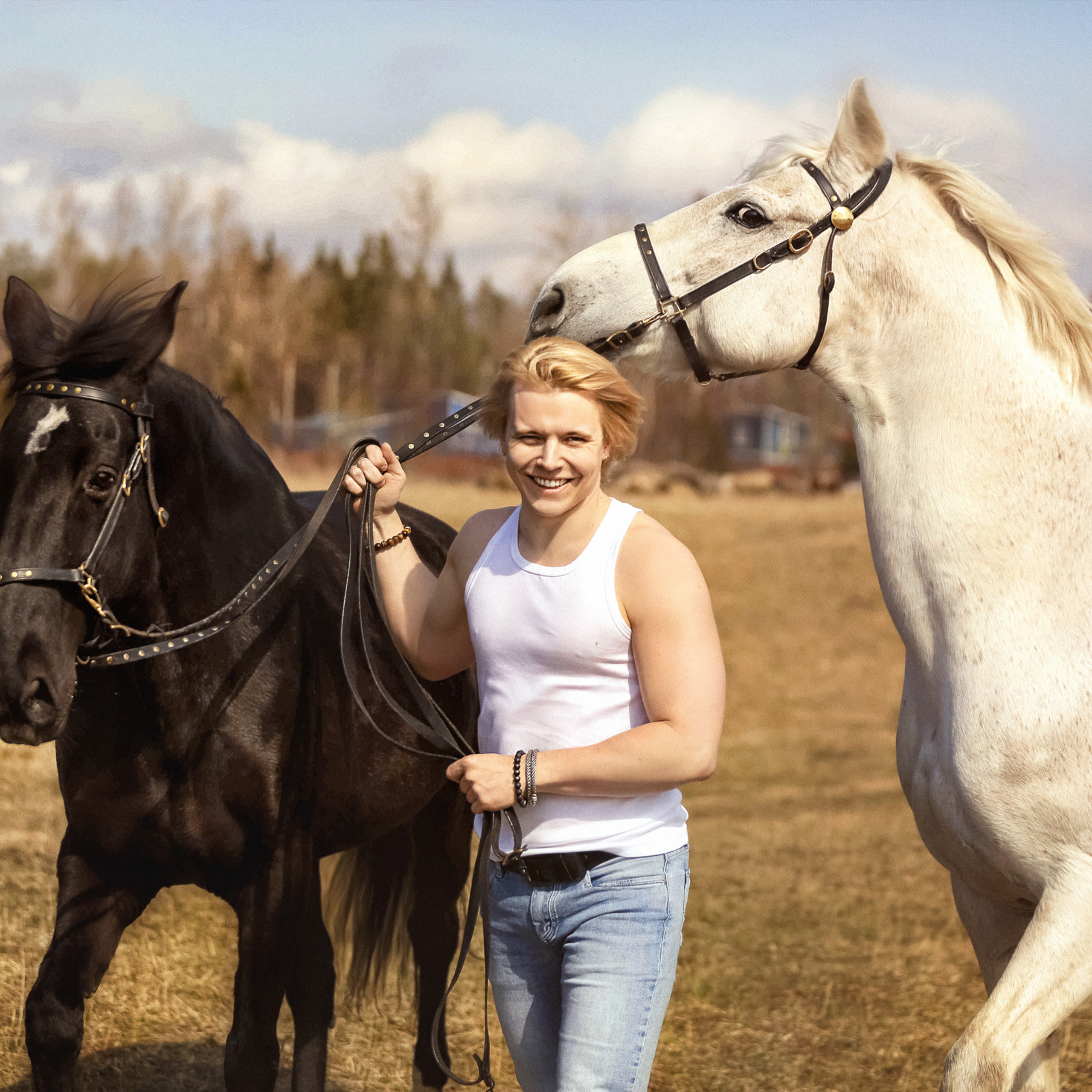 Сергей и два коня: серый и вороной