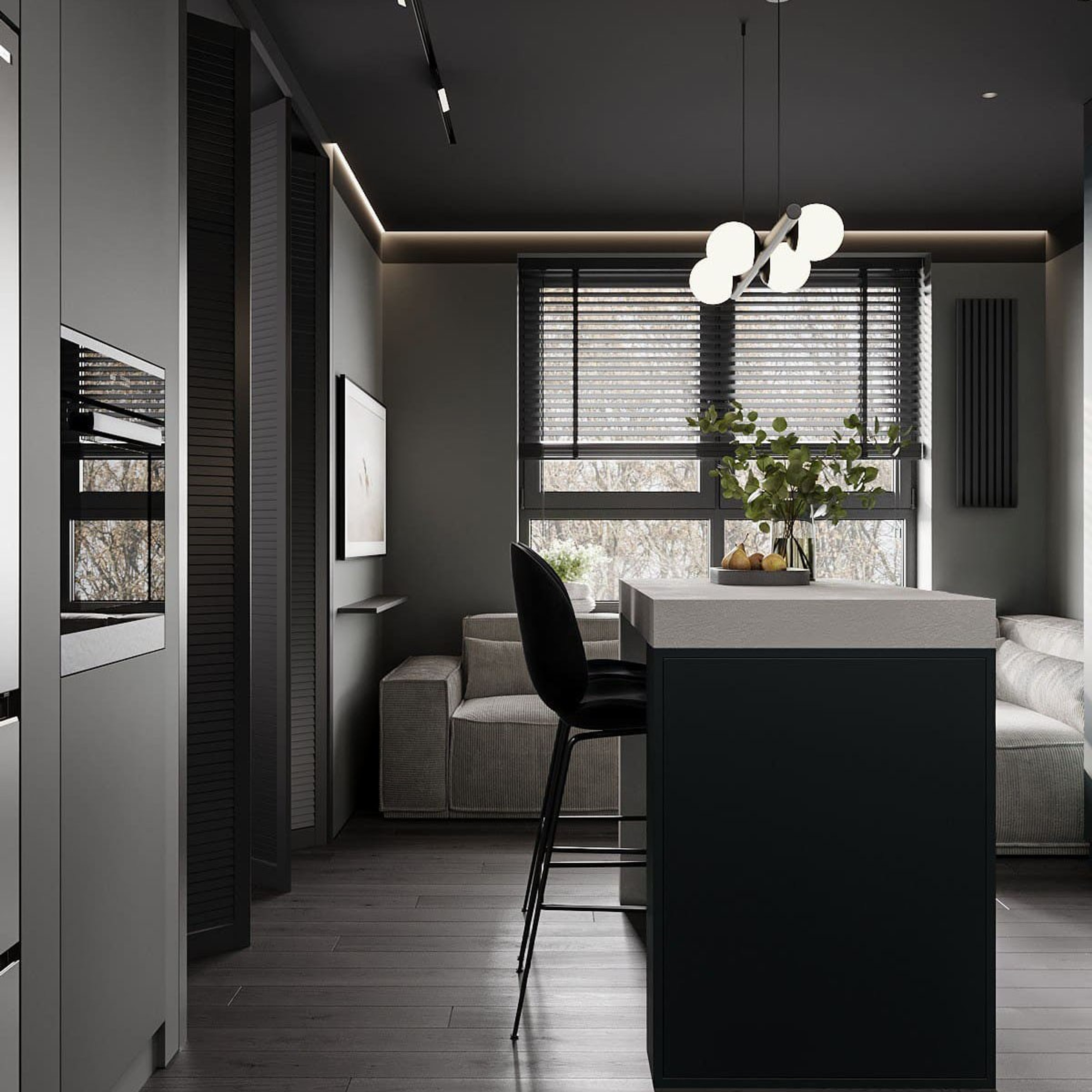 Вид на диван в гостиной через проход с кухни, контраст на фоне окна.