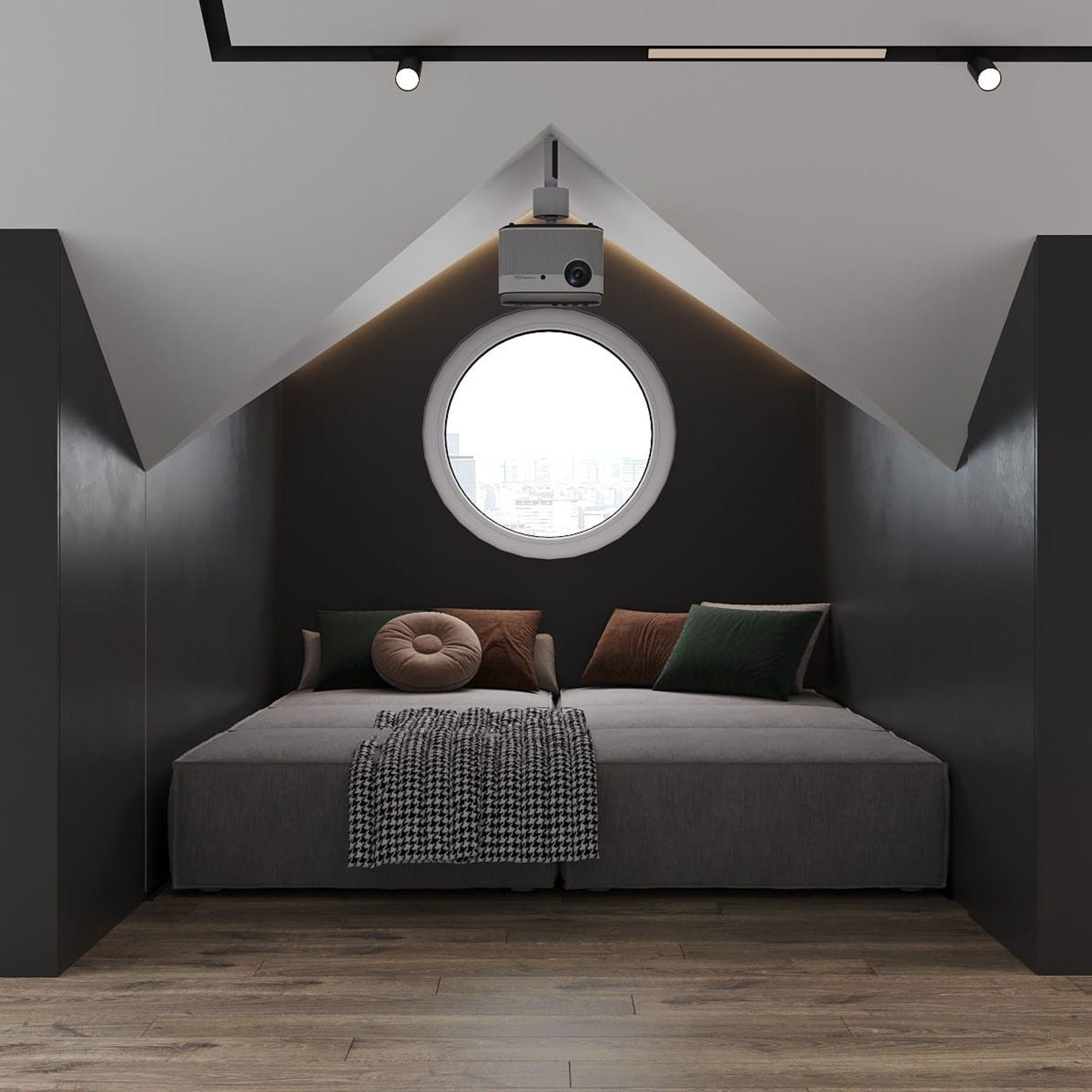 Детская кинозона в виде домика-скворечника с мягкими сиденьями.